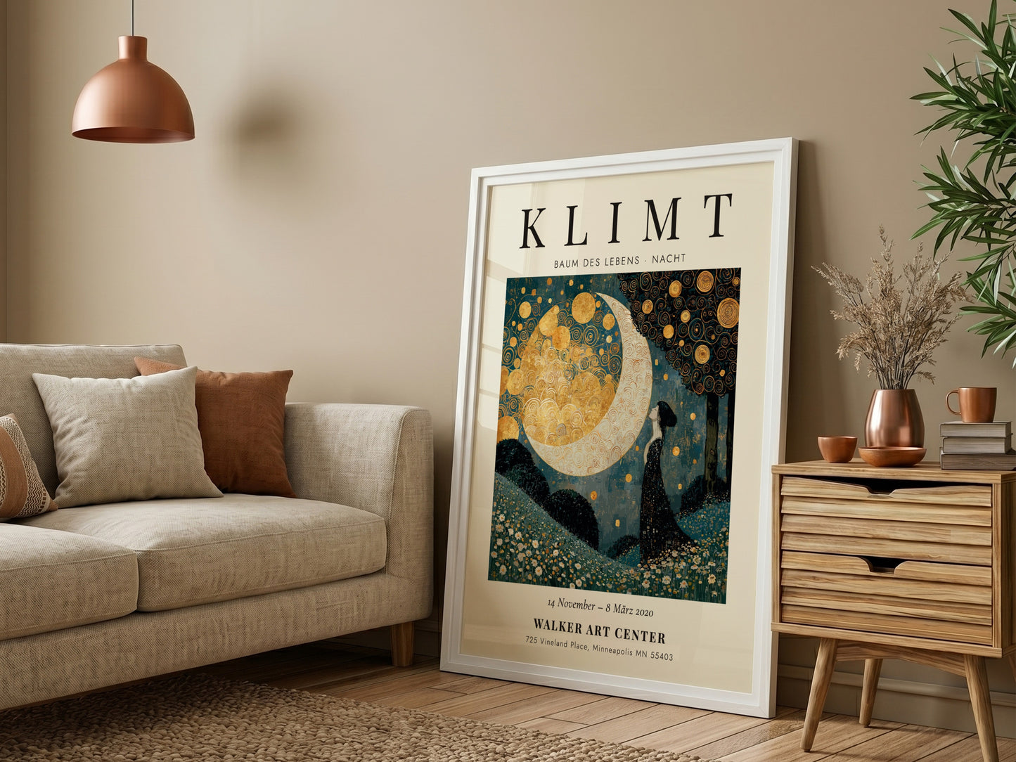 Baum des Lebens - Nacht poster featuring swirling patterns and golden hues, inspired by Gustav Klimt's artwork