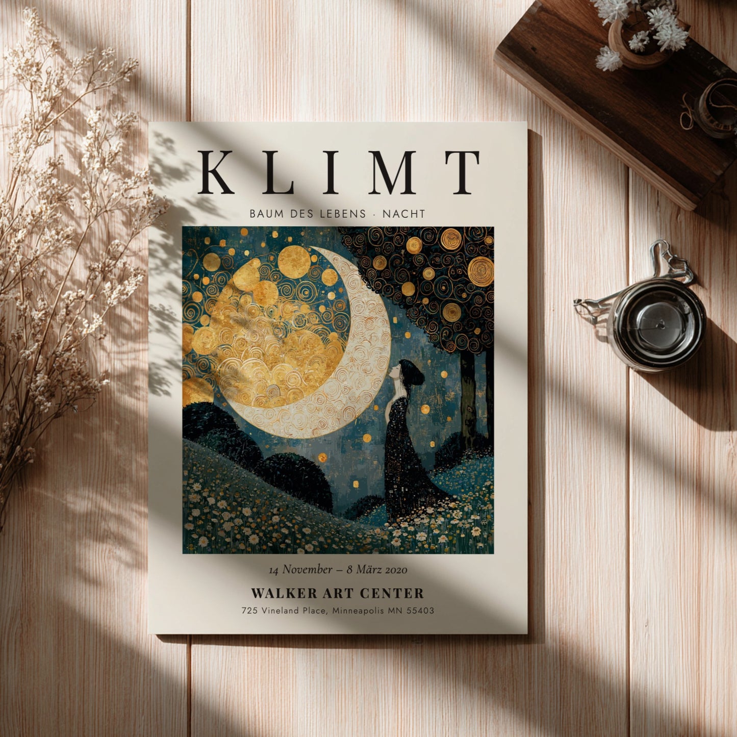 Baum des Lebens - Nacht poster featuring swirling patterns and golden hues, inspired by Gustav Klimt's artwork