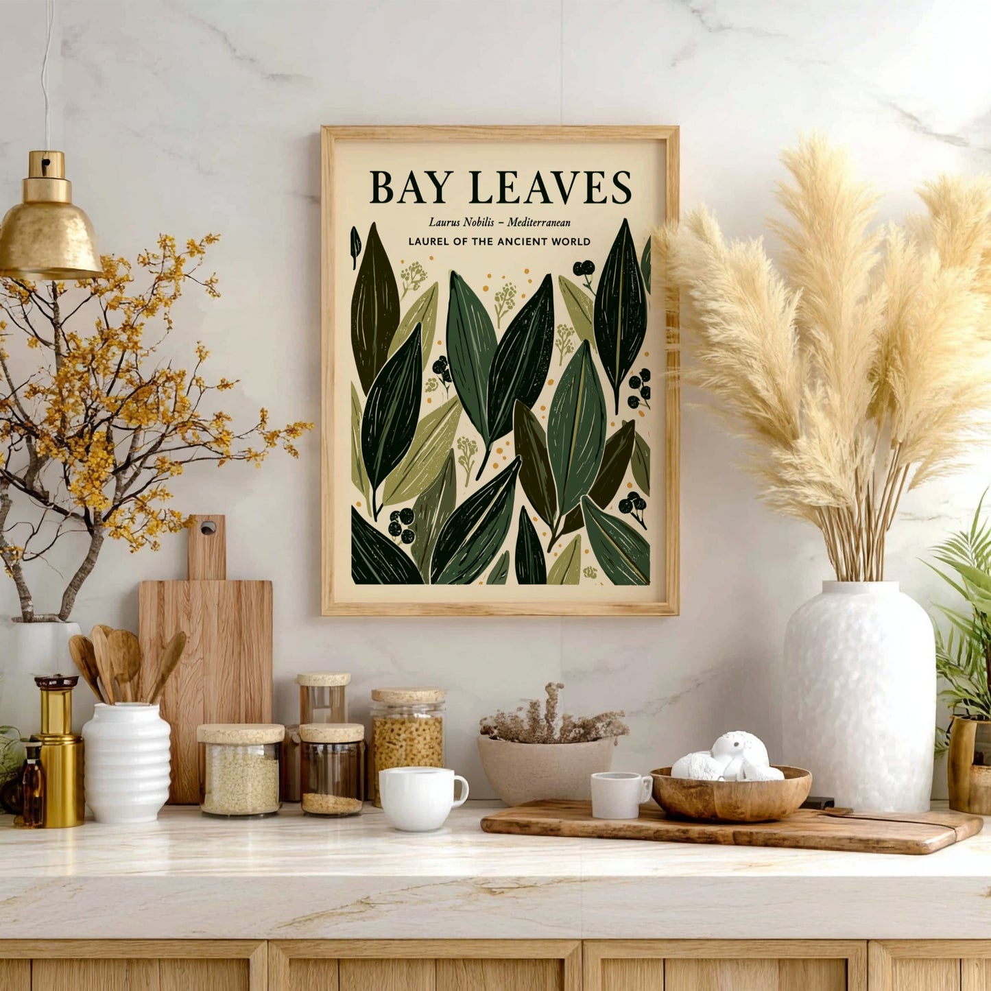 Kitchen poster featuring bay leaves in green tones, botanical style, ideal for home decor.