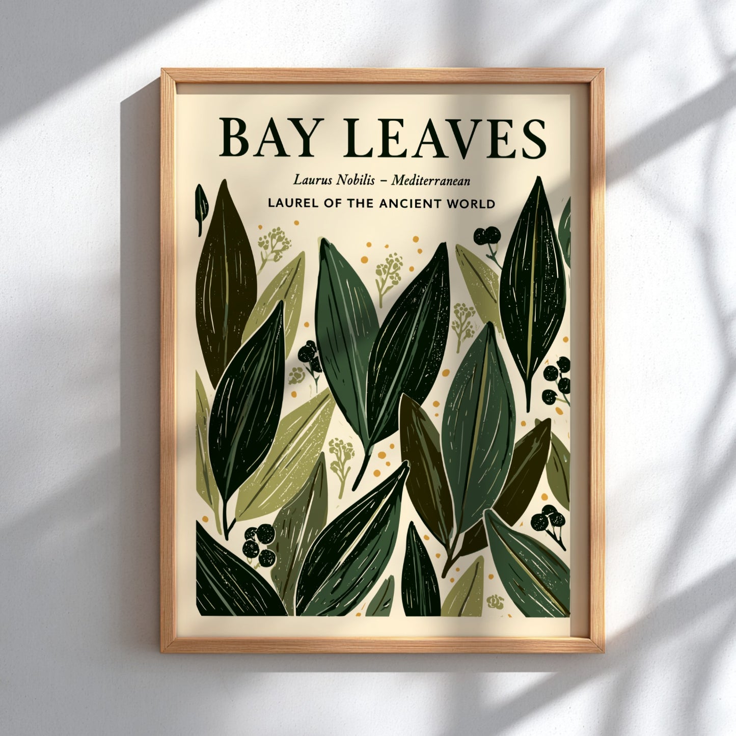 Kitchen poster featuring bay leaves in green tones, botanical style, ideal for home decor.