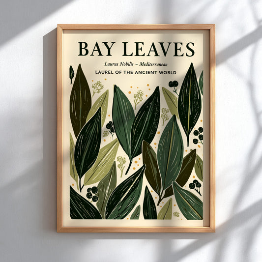 Kitchen poster featuring bay leaves in green tones, botanical style, ideal for home decor.