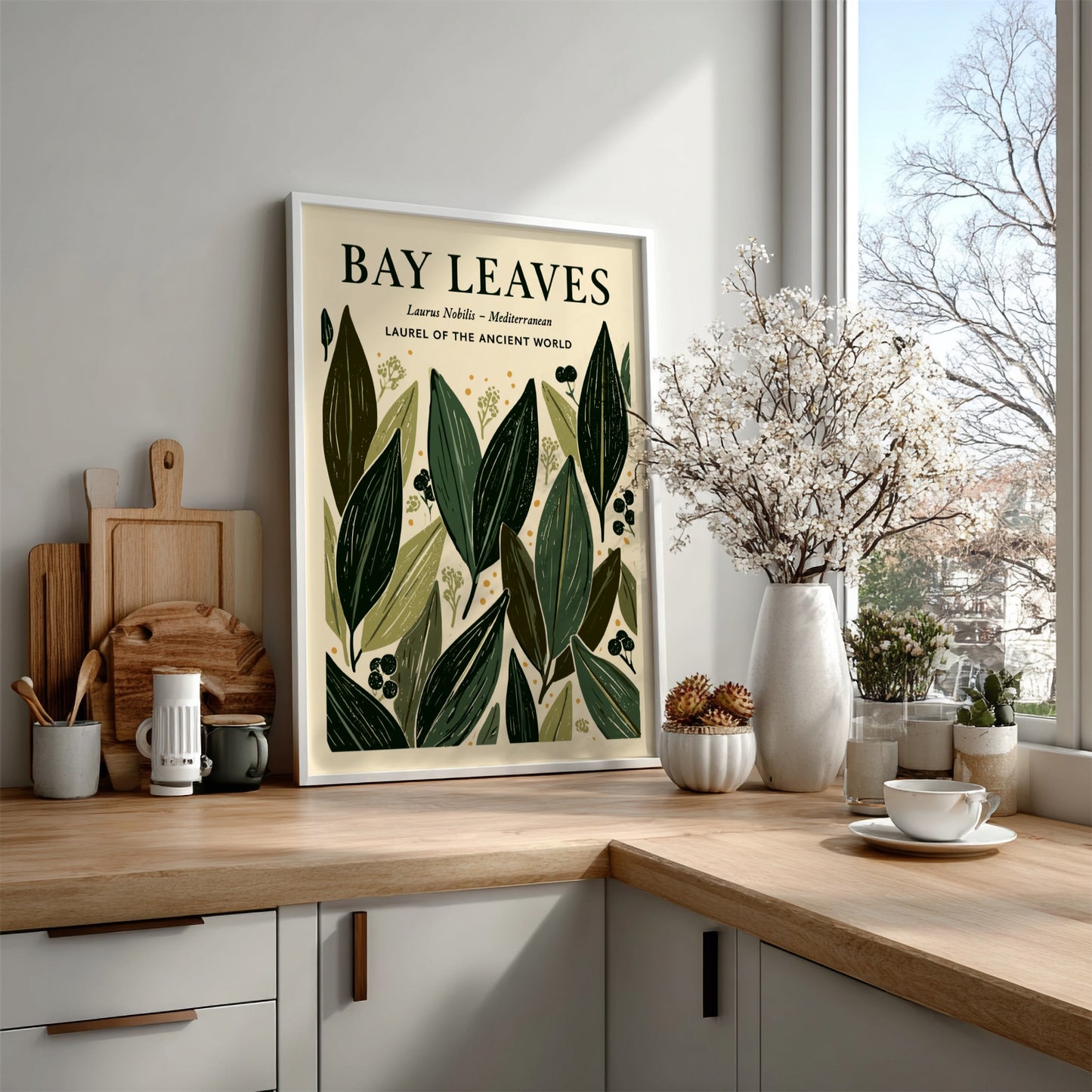 Kitchen poster featuring bay leaves in green tones, botanical style, ideal for home decor.