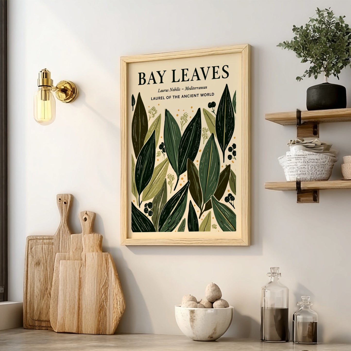 Kitchen poster featuring bay leaves in green tones, botanical style, ideal for home decor.