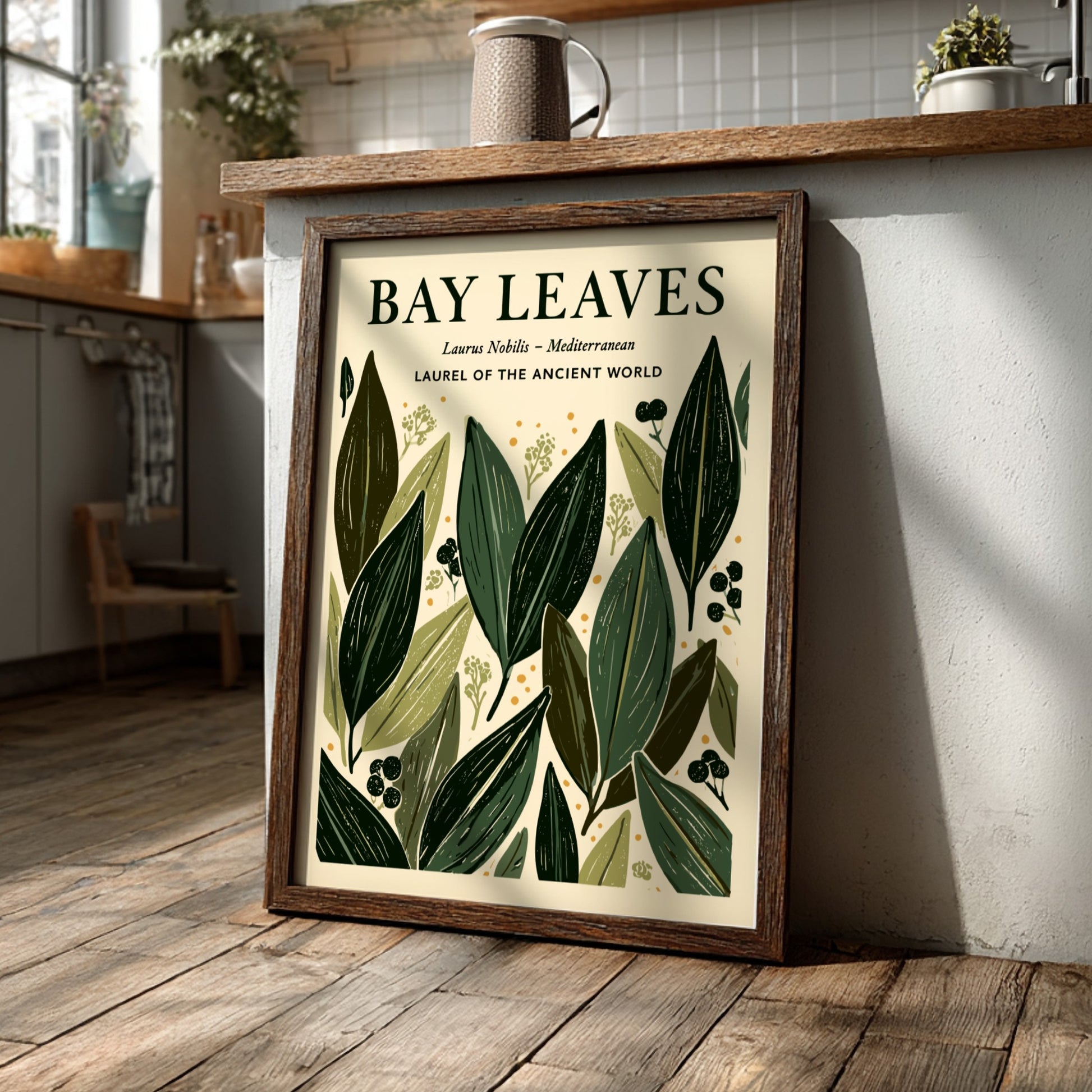Kitchen poster featuring bay leaves in green tones, botanical style, ideal for home decor.