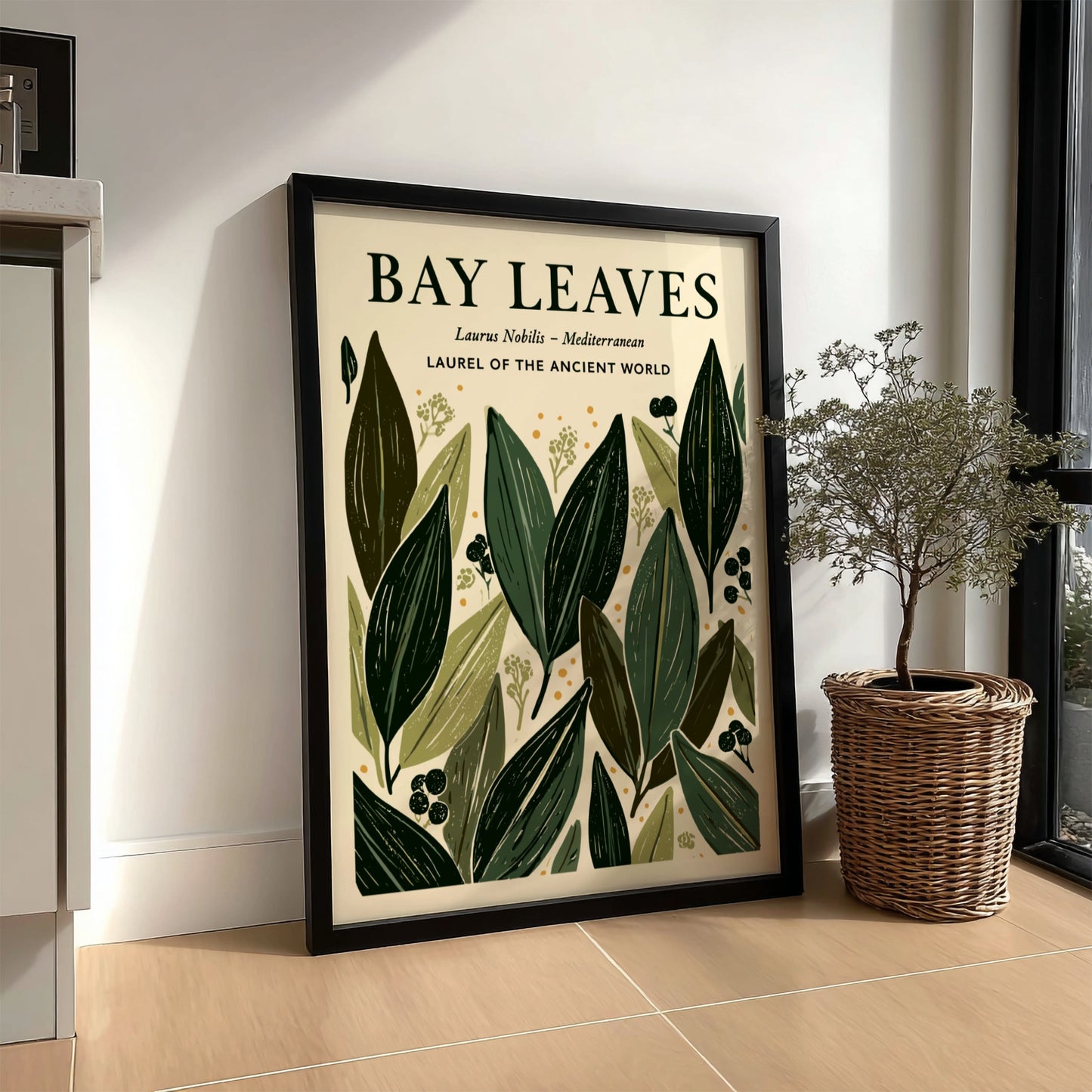 Kitchen poster featuring bay leaves in green tones, botanical style, ideal for home decor.