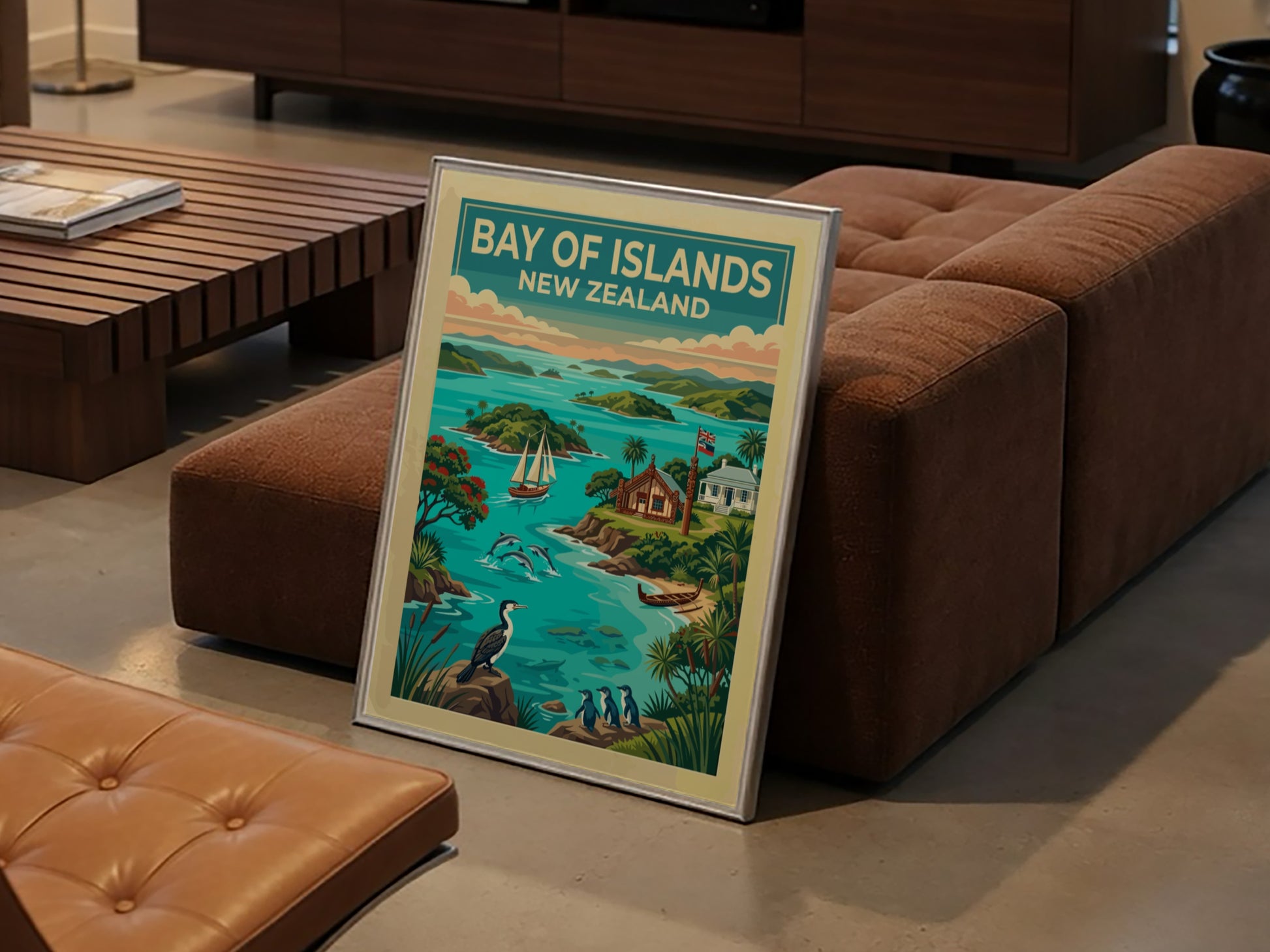 Travel poster featuring Bay of Islands New Zealand with dolphins, sailboats, and birds.