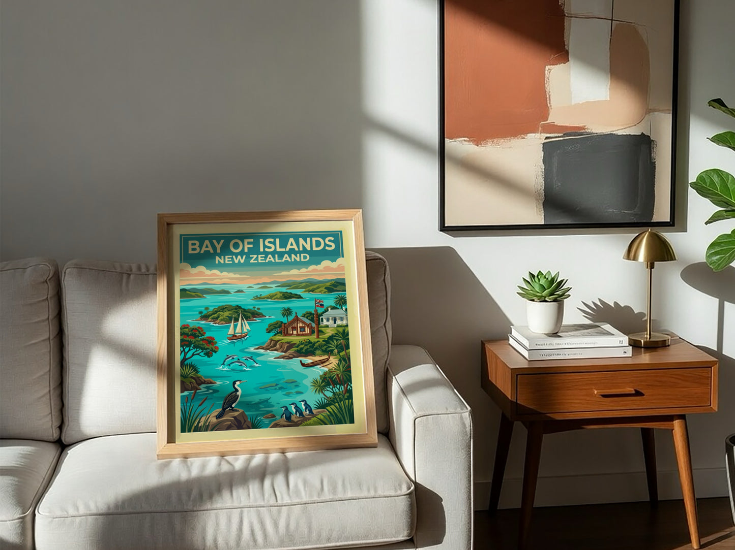 Travel poster featuring Bay of Islands New Zealand with dolphins, sailboats, and birds.
