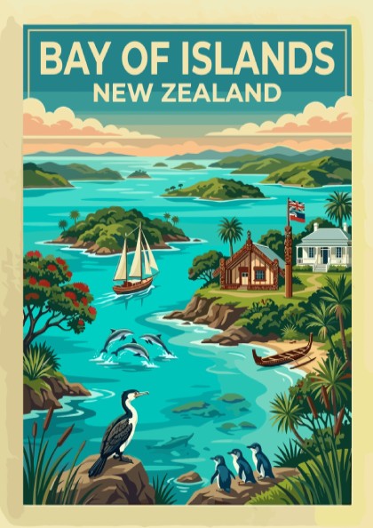 Travel poster featuring Bay of Islands New Zealand with dolphins, sailboats, and birds.