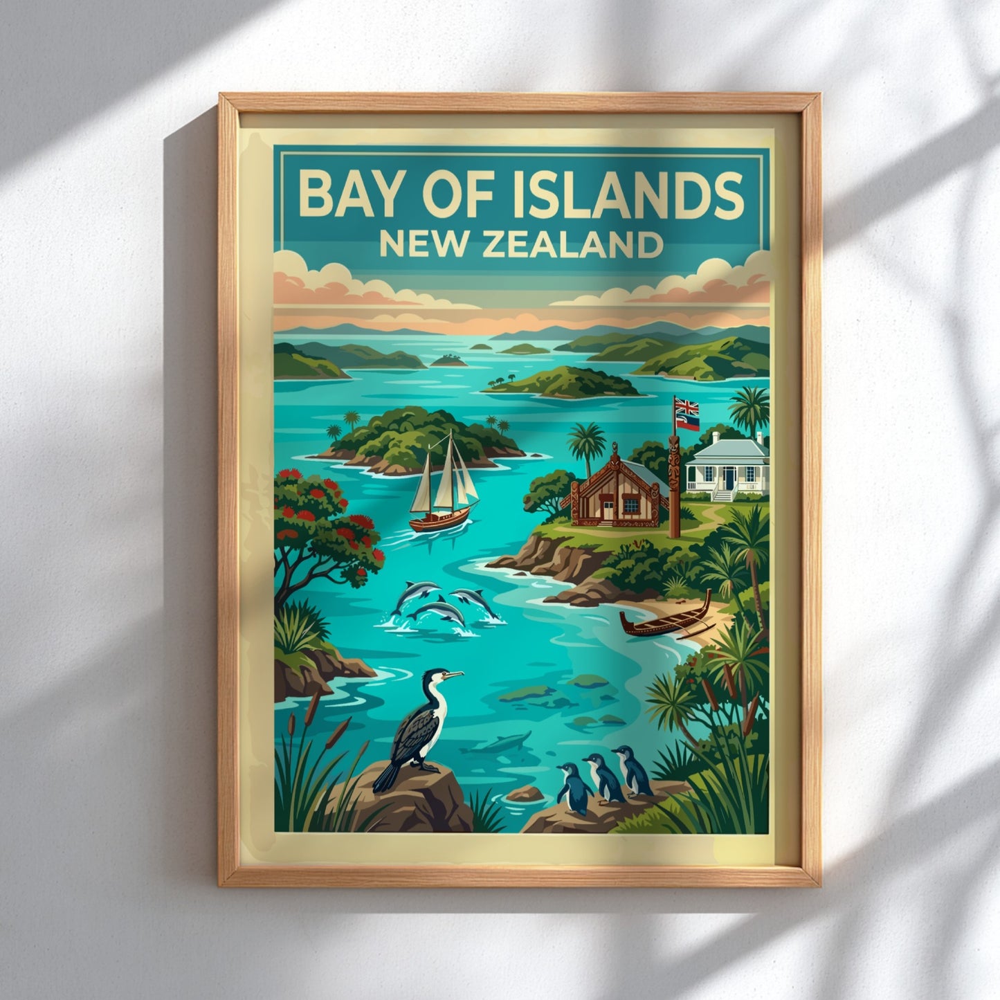 Travel poster featuring Bay of Islands New Zealand with dolphins, sailboats, and birds.