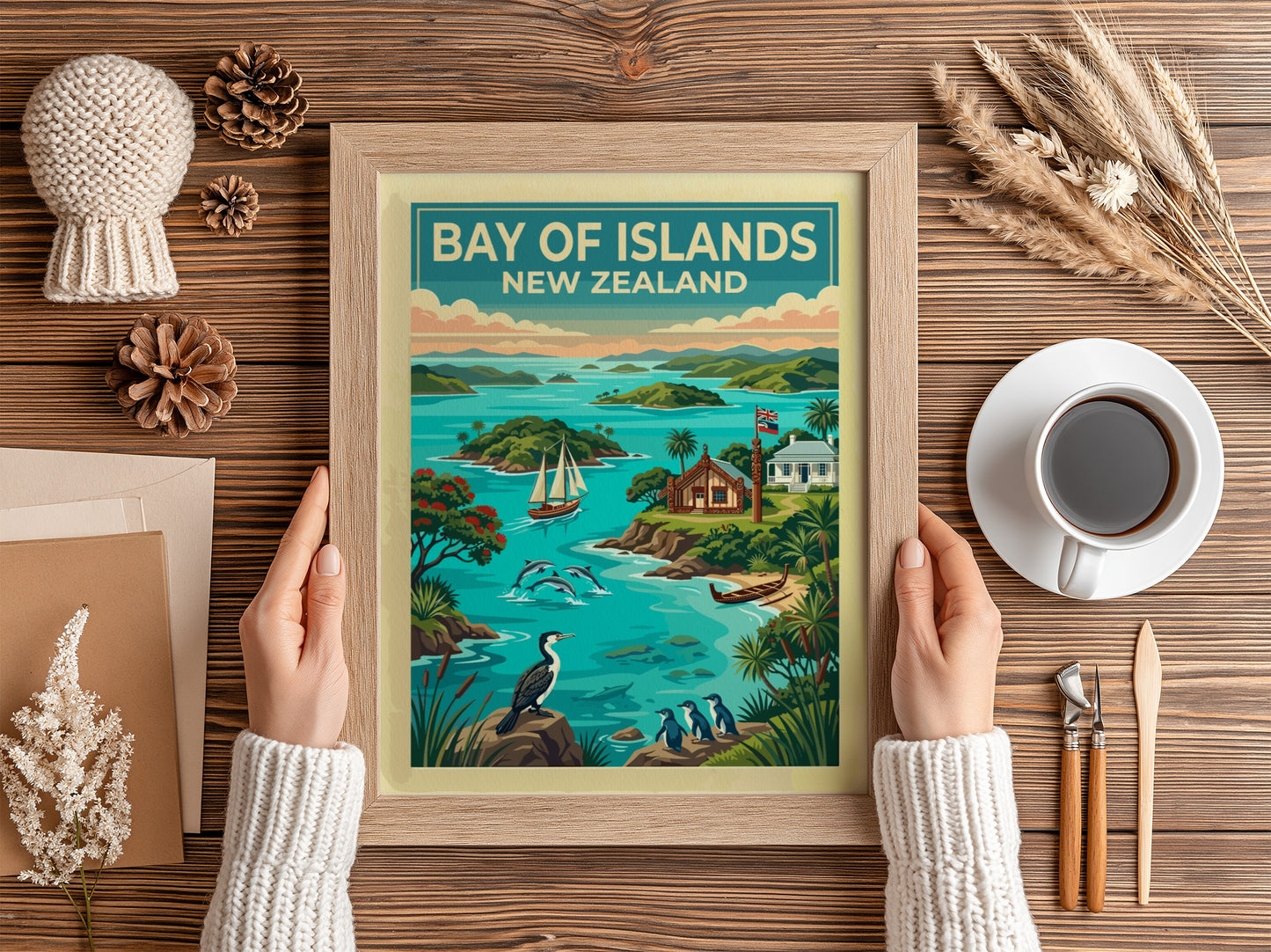 Travel poster featuring Bay of Islands New Zealand with dolphins, sailboats, and birds.