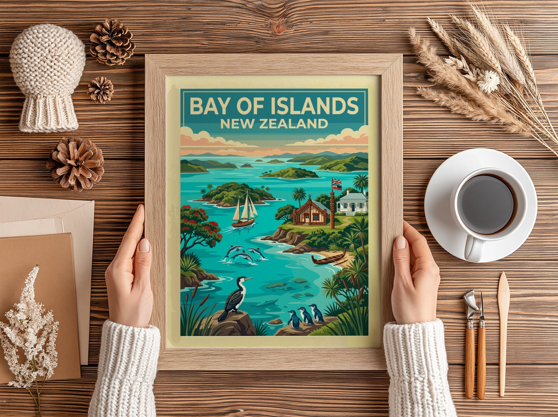Travel poster featuring Bay of Islands New Zealand with dolphins, sailboats, and birds.