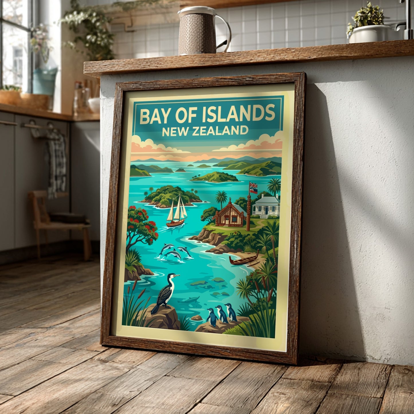 Travel poster featuring Bay of Islands New Zealand with dolphins, sailboats, and birds.