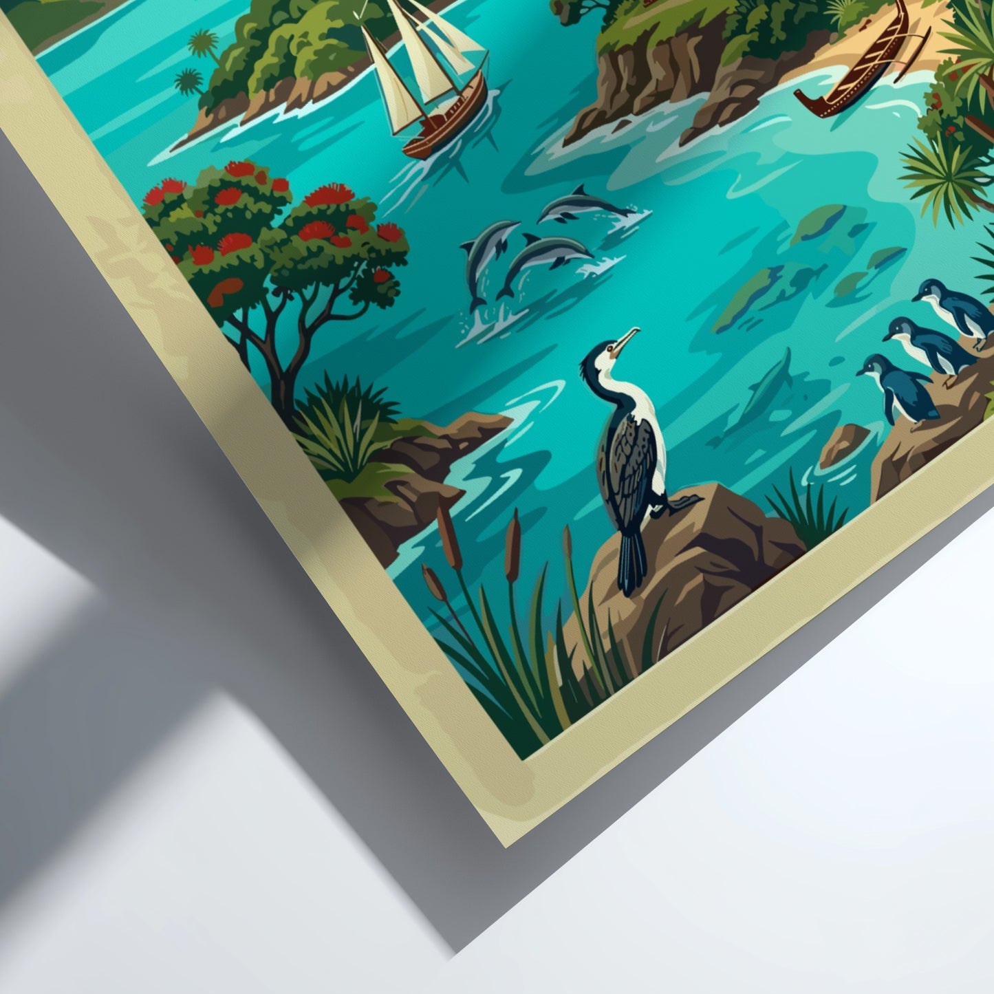 Travel poster featuring Bay of Islands New Zealand with dolphins, sailboats, and birds.