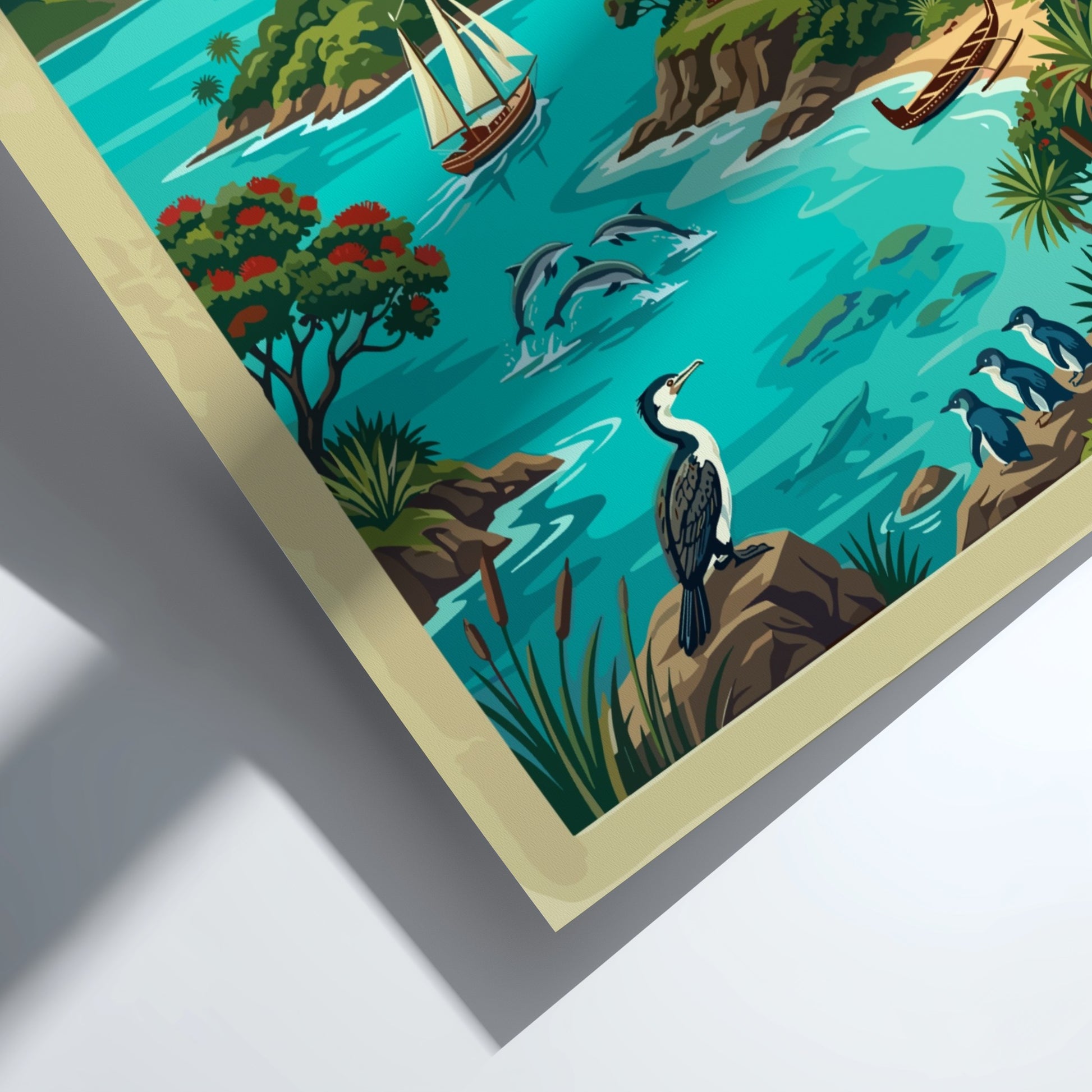 Travel poster featuring Bay of Islands New Zealand with dolphins, sailboats, and birds.