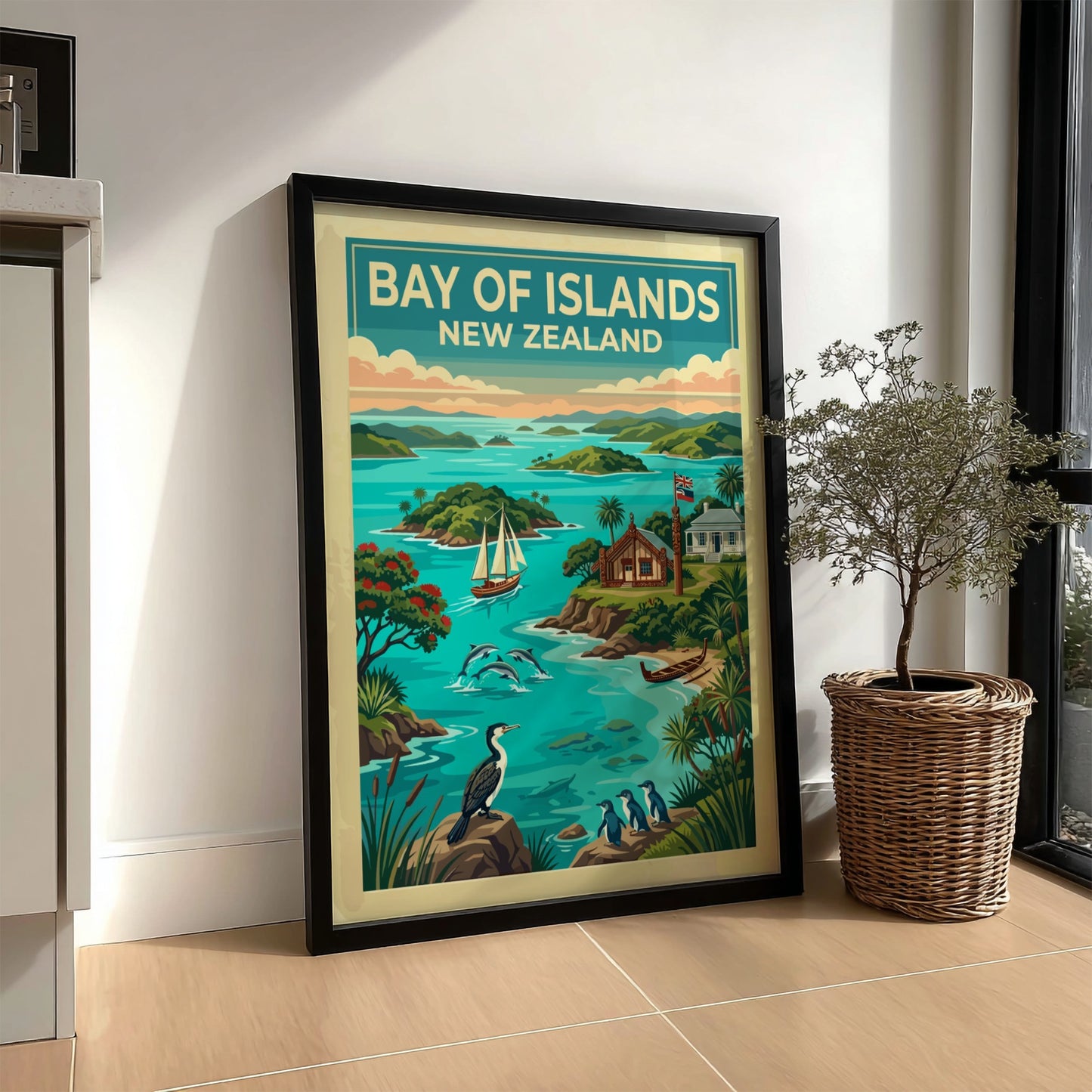 Travel poster featuring Bay of Islands New Zealand with dolphins, sailboats, and birds.