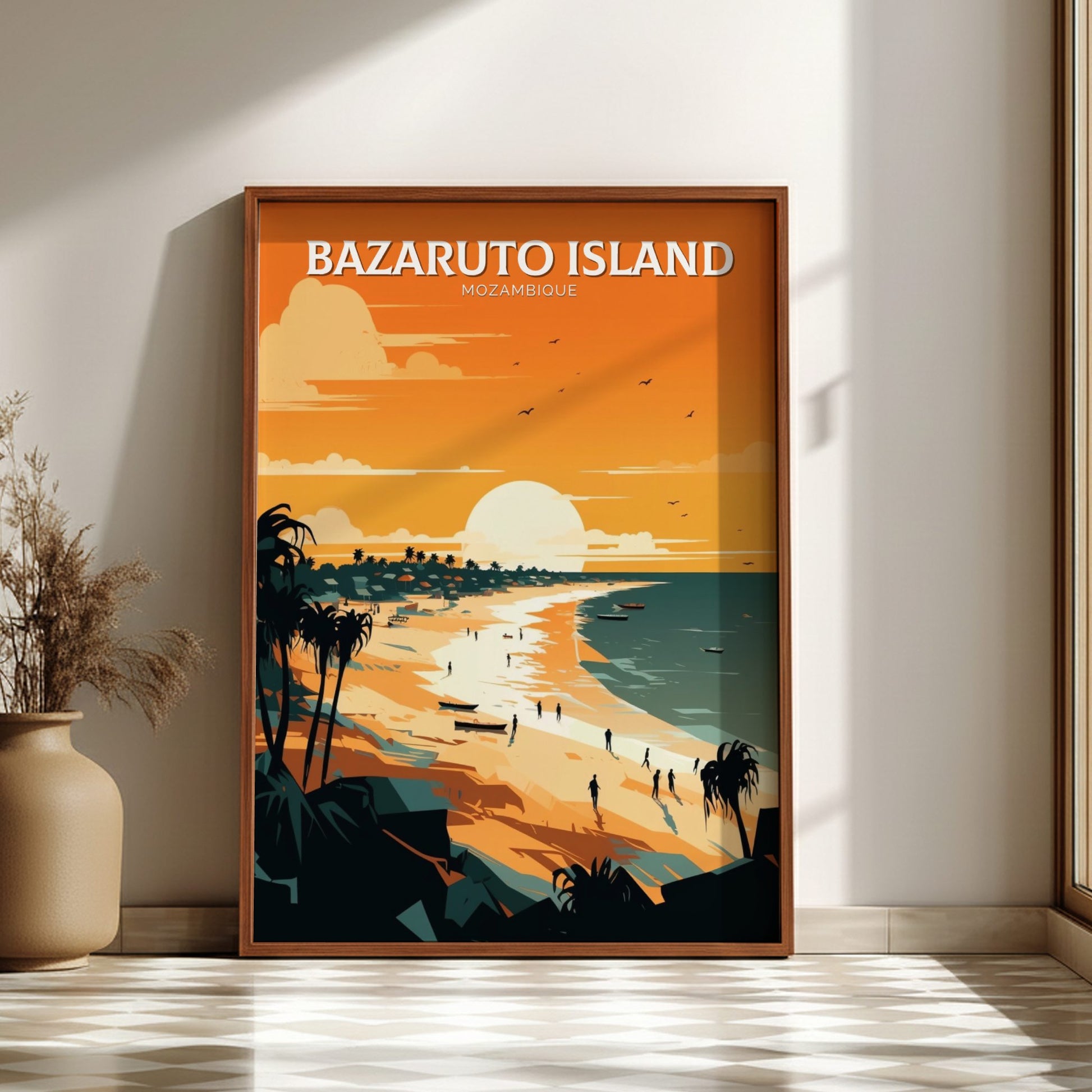 Framed travel poster of Bazaruto Island, Mozambique, on a wall.