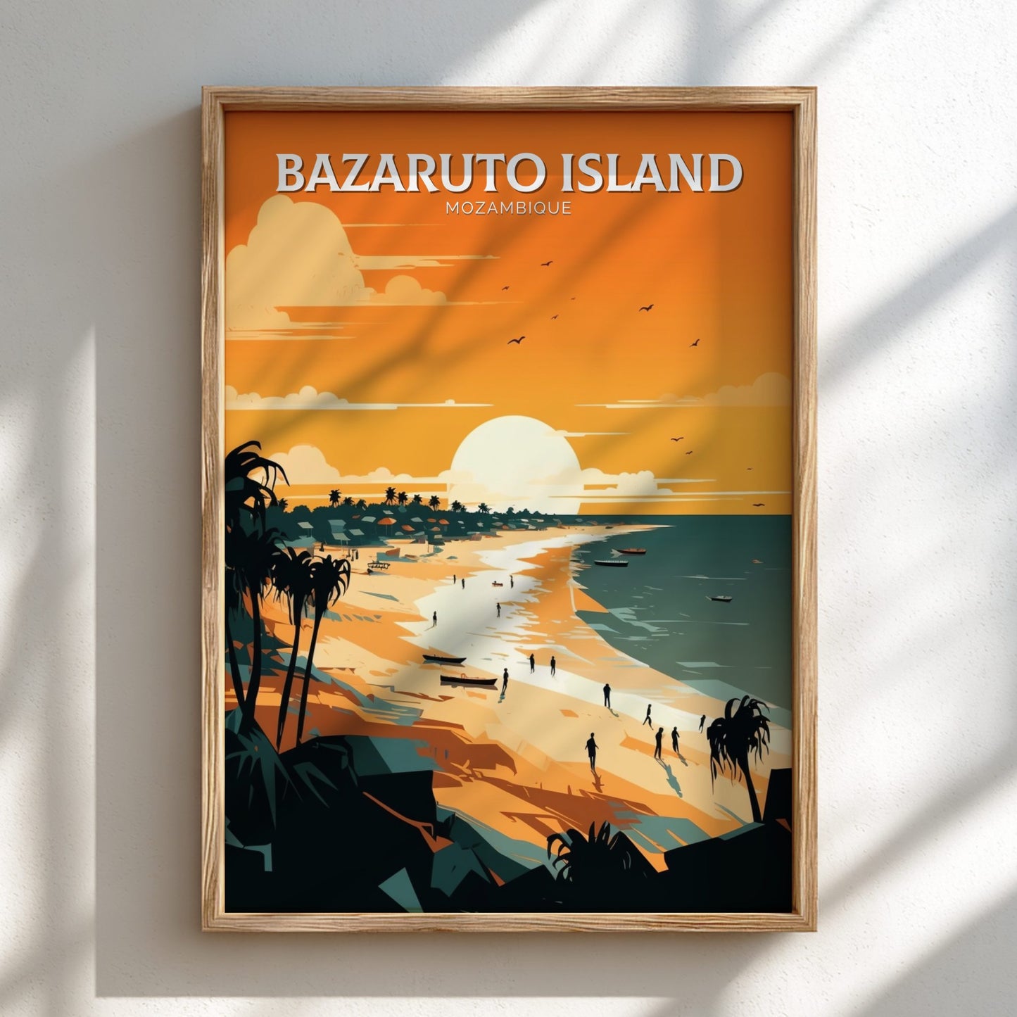 Framed artwork of Bazaruto Island, Mozambique with a sunset over the ocean and beach.
