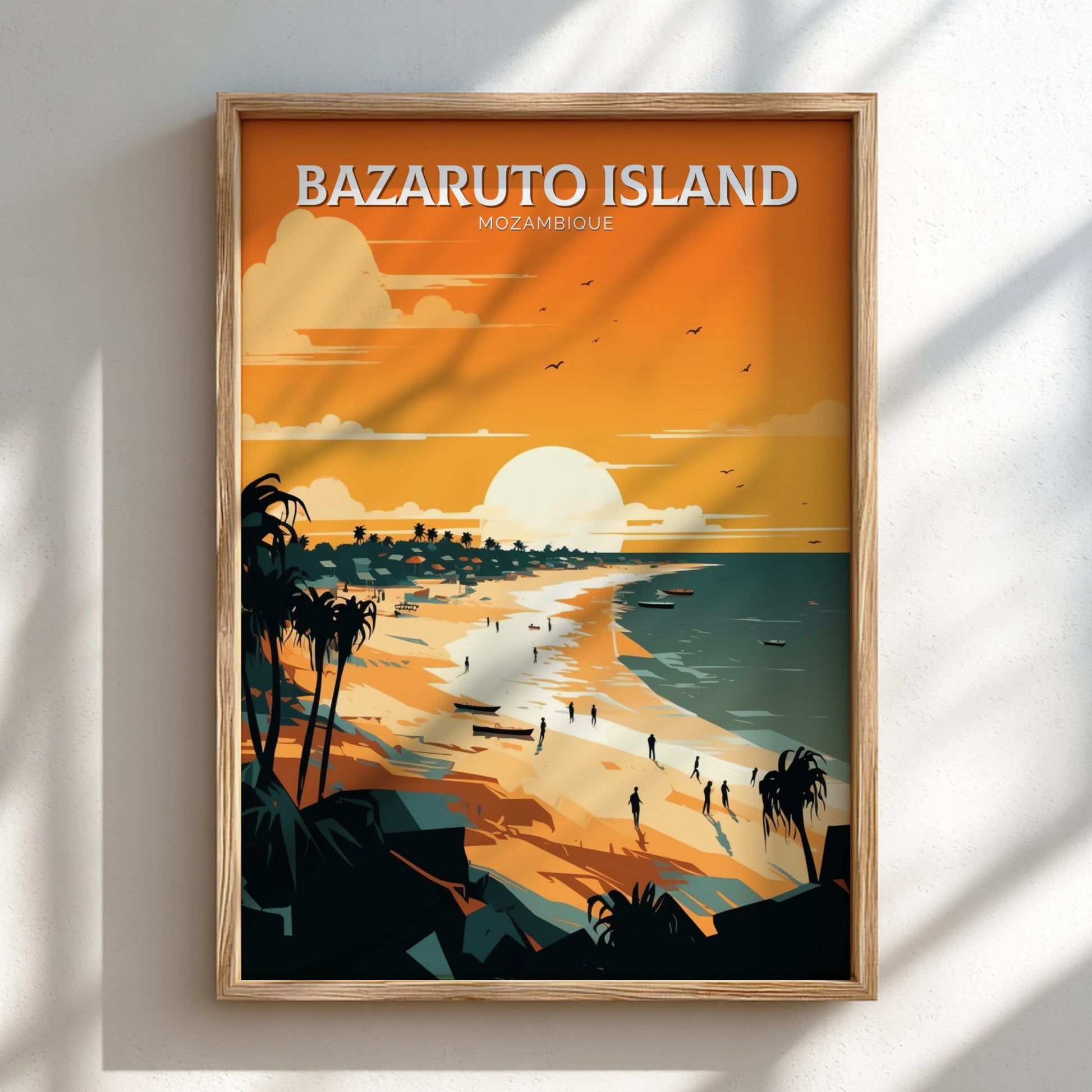 Framed artwork of Bazaruto Island, Mozambique with a sunset over the ocean and beach.