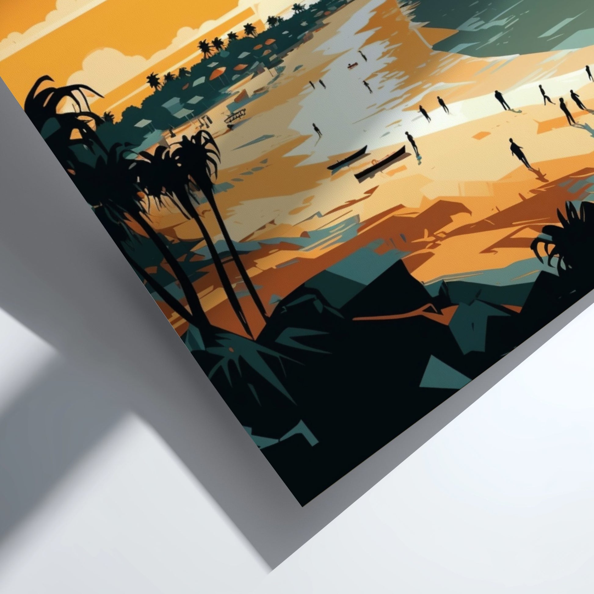 Artistic depiction of a beach scene with palm trees and people, framed by a gray border.