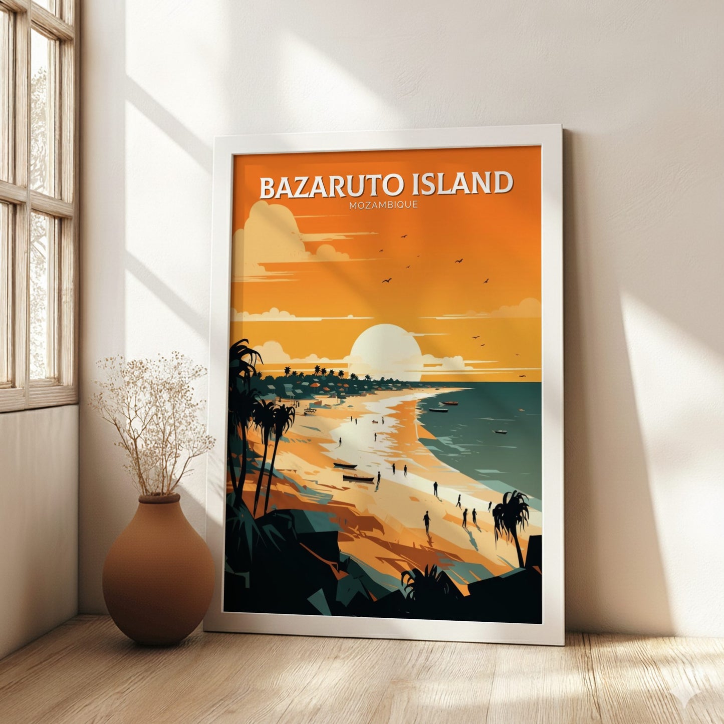 Framed artwork of Bazaruto Island, Mozambique, on a wall in a bright room.