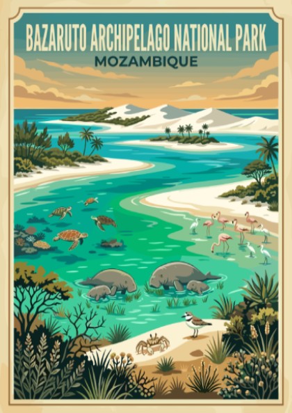 Bazaruto Archipelago poster featuring tropical colors and wildlife elements in a nature-inspired design.