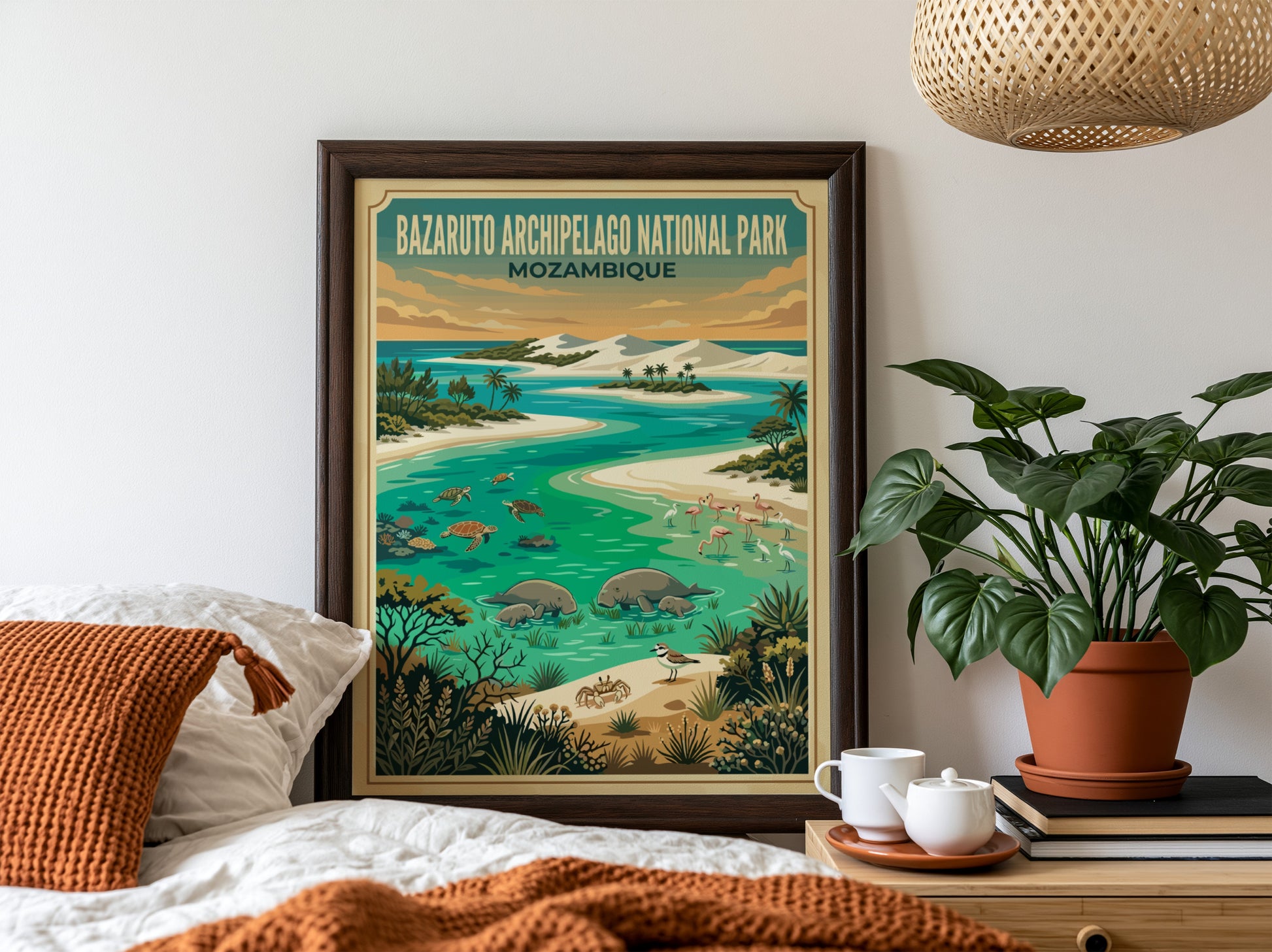 Bazaruto Archipelago poster featuring tropical colors and wildlife elements in a nature-inspired design.