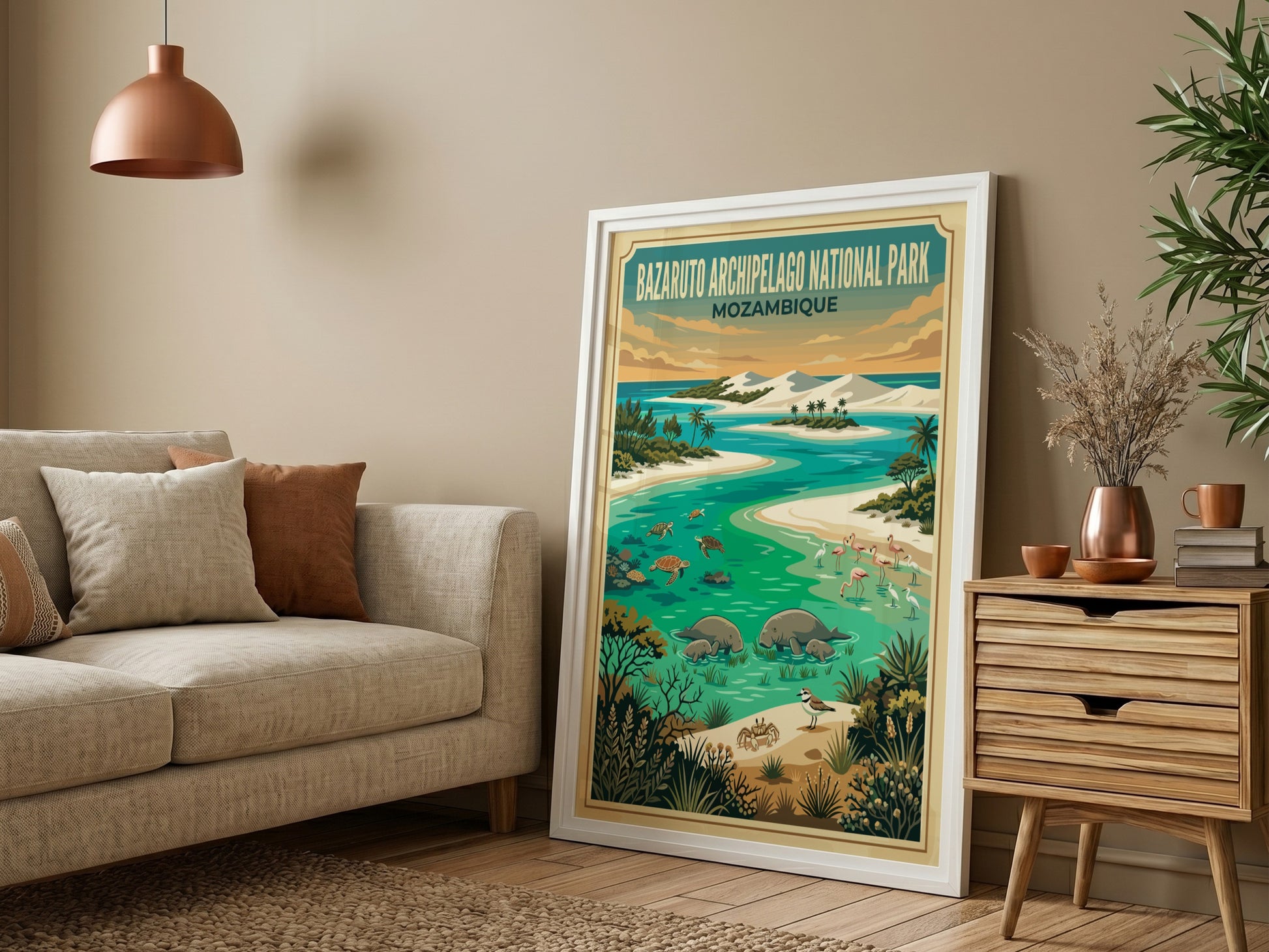 Bazaruto Archipelago poster featuring tropical colors and wildlife elements in a nature-inspired design.