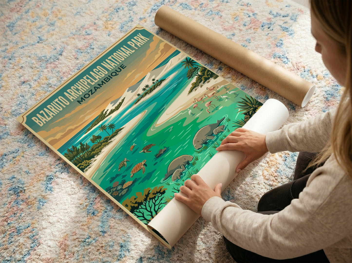 Bazaruto Archipelago poster featuring tropical colors and wildlife elements in a nature-inspired design.
