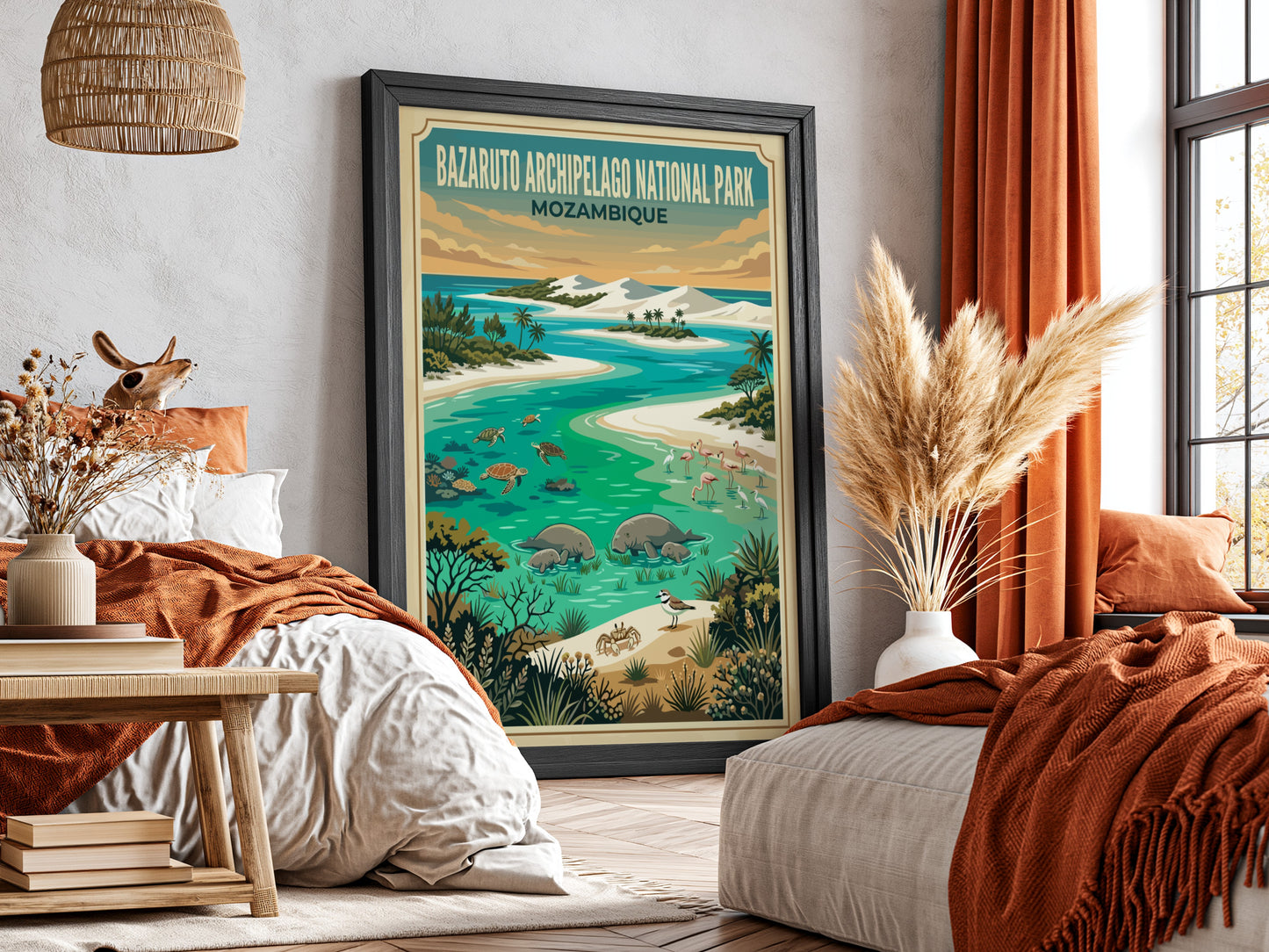 Bazaruto Archipelago poster featuring tropical colors and wildlife elements in a nature-inspired design.