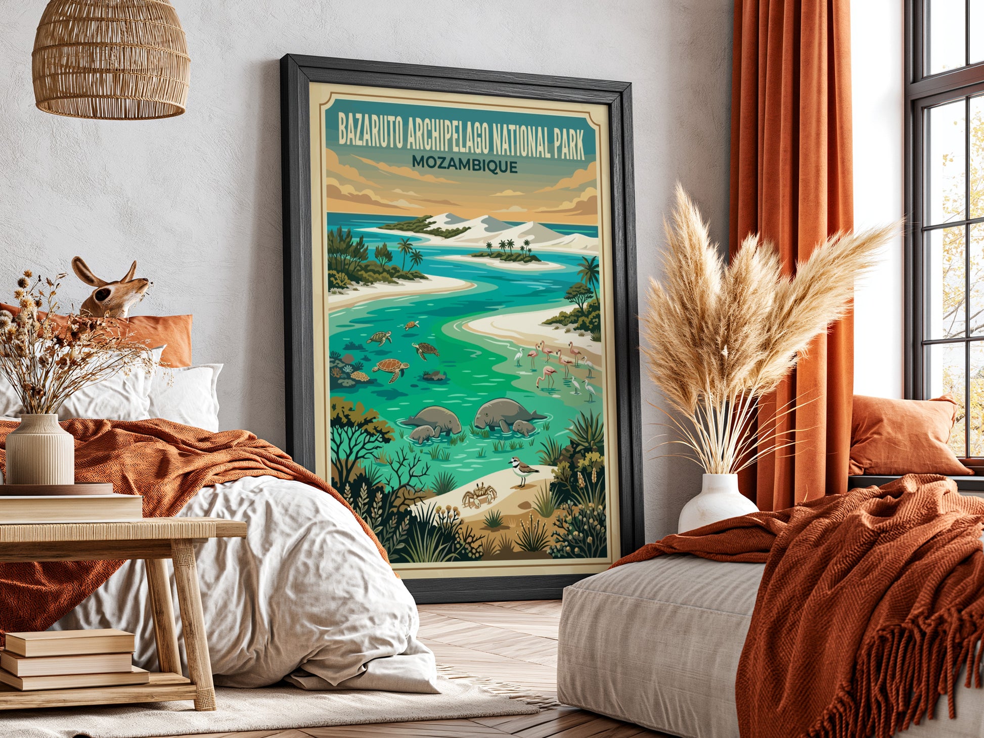 Bazaruto Archipelago poster featuring tropical colors and wildlife elements in a nature-inspired design.