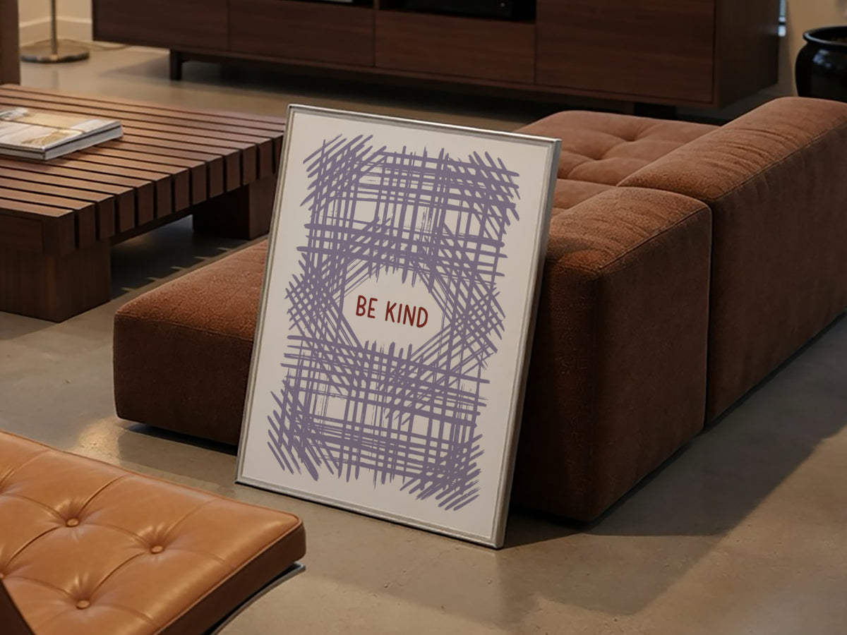 Motivational poster with Be Kind text centered over a soft lavender crosshatch pattern.