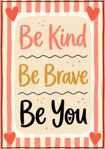 Kids room poster featuring 'Be Kind Be Brave' in soft pastel colors, ideal for nursery decor and motivational