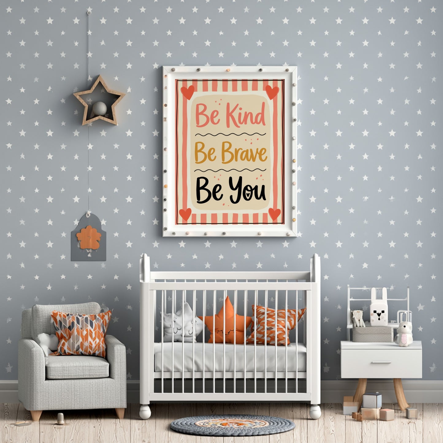 Kids room poster featuring 'Be Kind Be Brave' in soft pastel colors, ideal for nursery decor and motivational