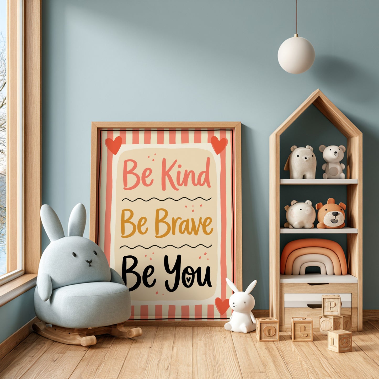 Kids room poster featuring 'Be Kind Be Brave' in soft pastel colors, ideal for nursery decor and motivational
