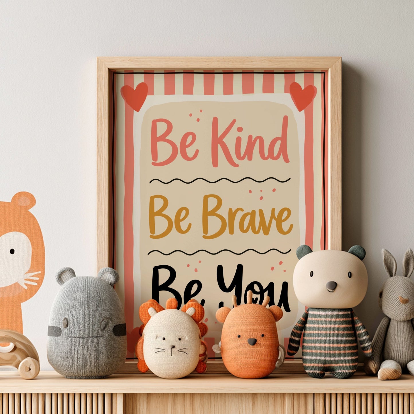 Kids room poster featuring 'Be Kind Be Brave' in soft pastel colors, ideal for nursery decor and motivational