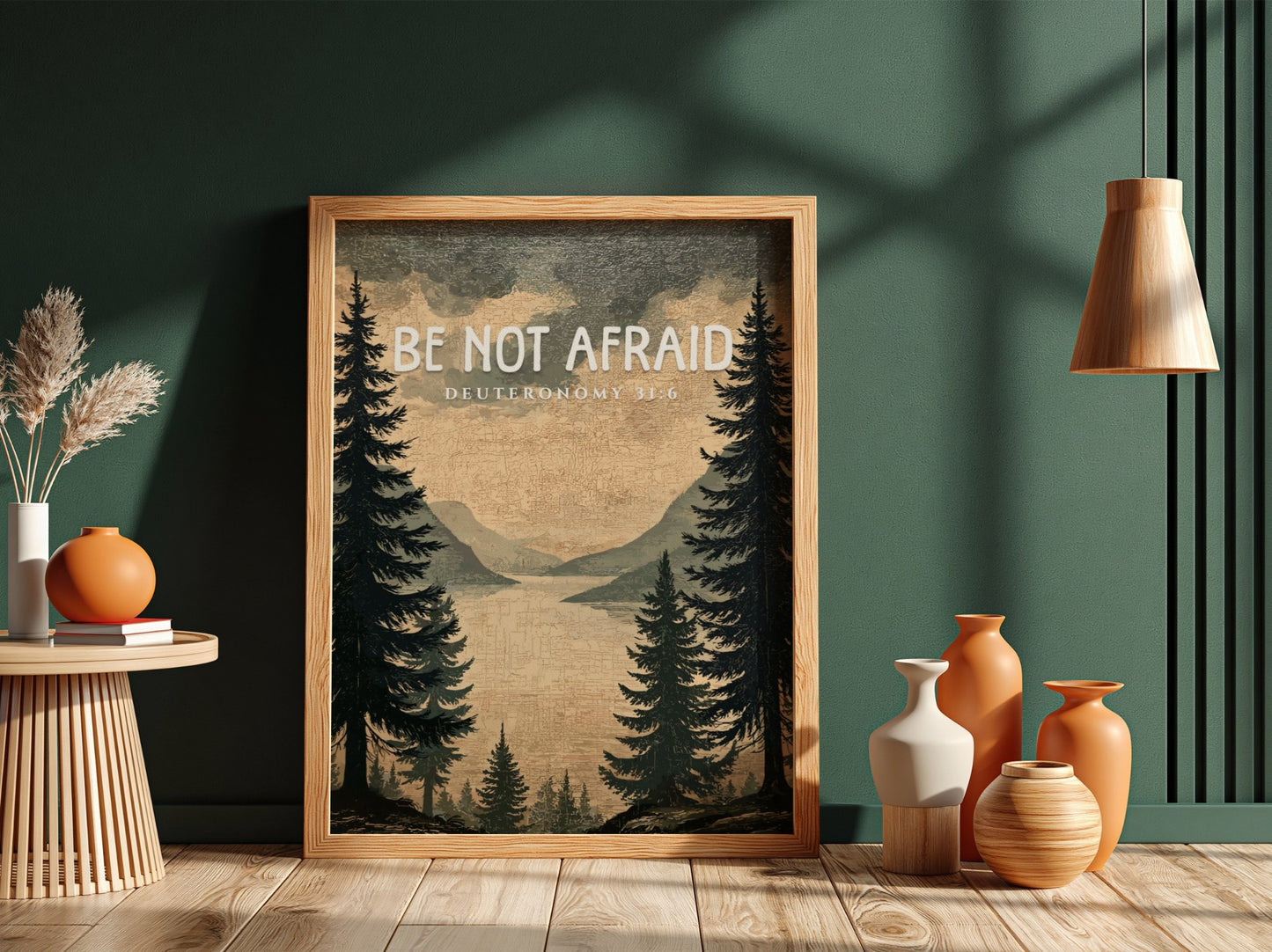 Be Not Afraid Poster featuring serene landscape and inspirational message from Deuteronomy 31:6