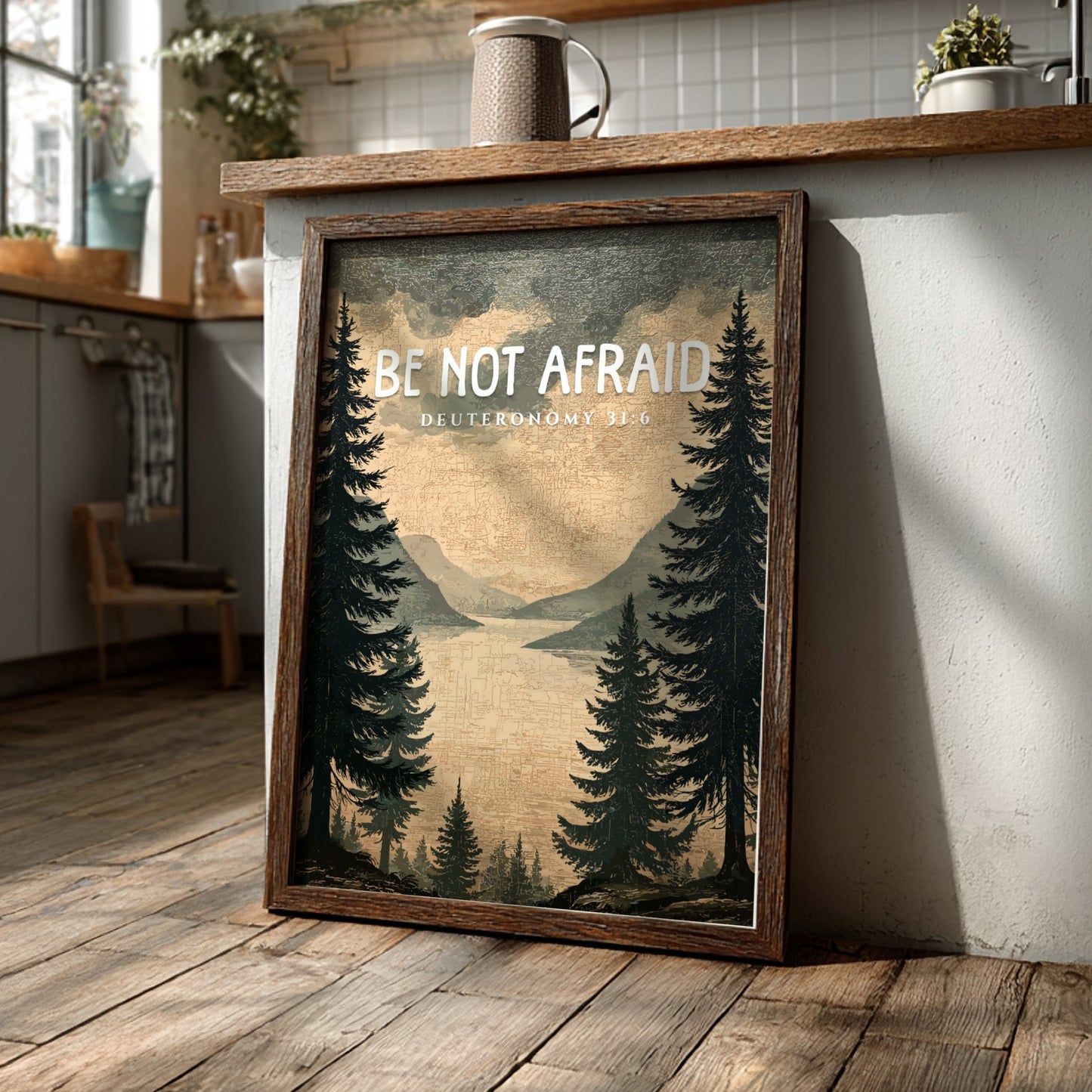Be Not Afraid Poster featuring serene landscape and inspirational message from Deuteronomy 31:6