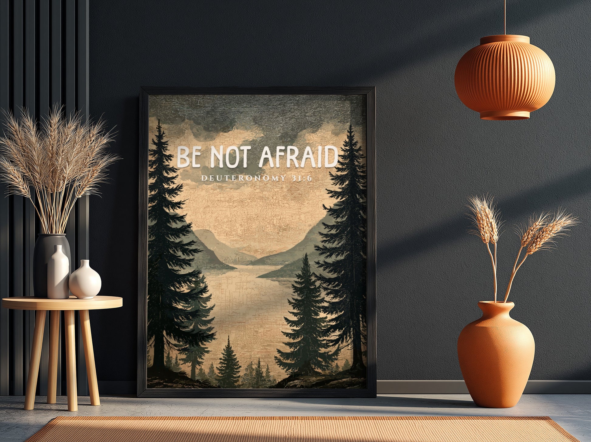 Be Not Afraid Poster featuring serene landscape and inspirational message from Deuteronomy 31:6