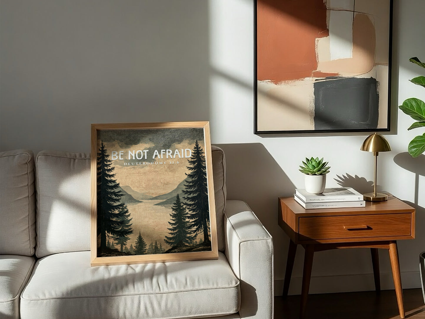 Be Not Afraid Poster featuring serene landscape and inspirational message from Deuteronomy 31:6