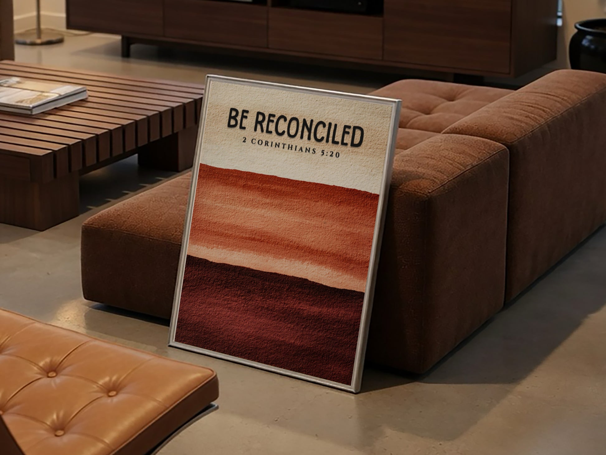 Be Reconciled Poster featuring warm earth tones and minimalist design, inspired by 2 Corinthians 5:20,