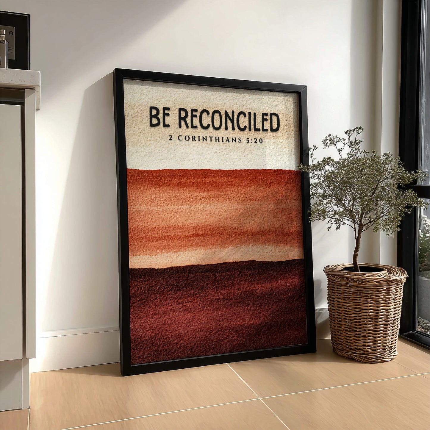 Be Reconciled Poster featuring warm earth tones and minimalist design, inspired by 2 Corinthians 5:20,