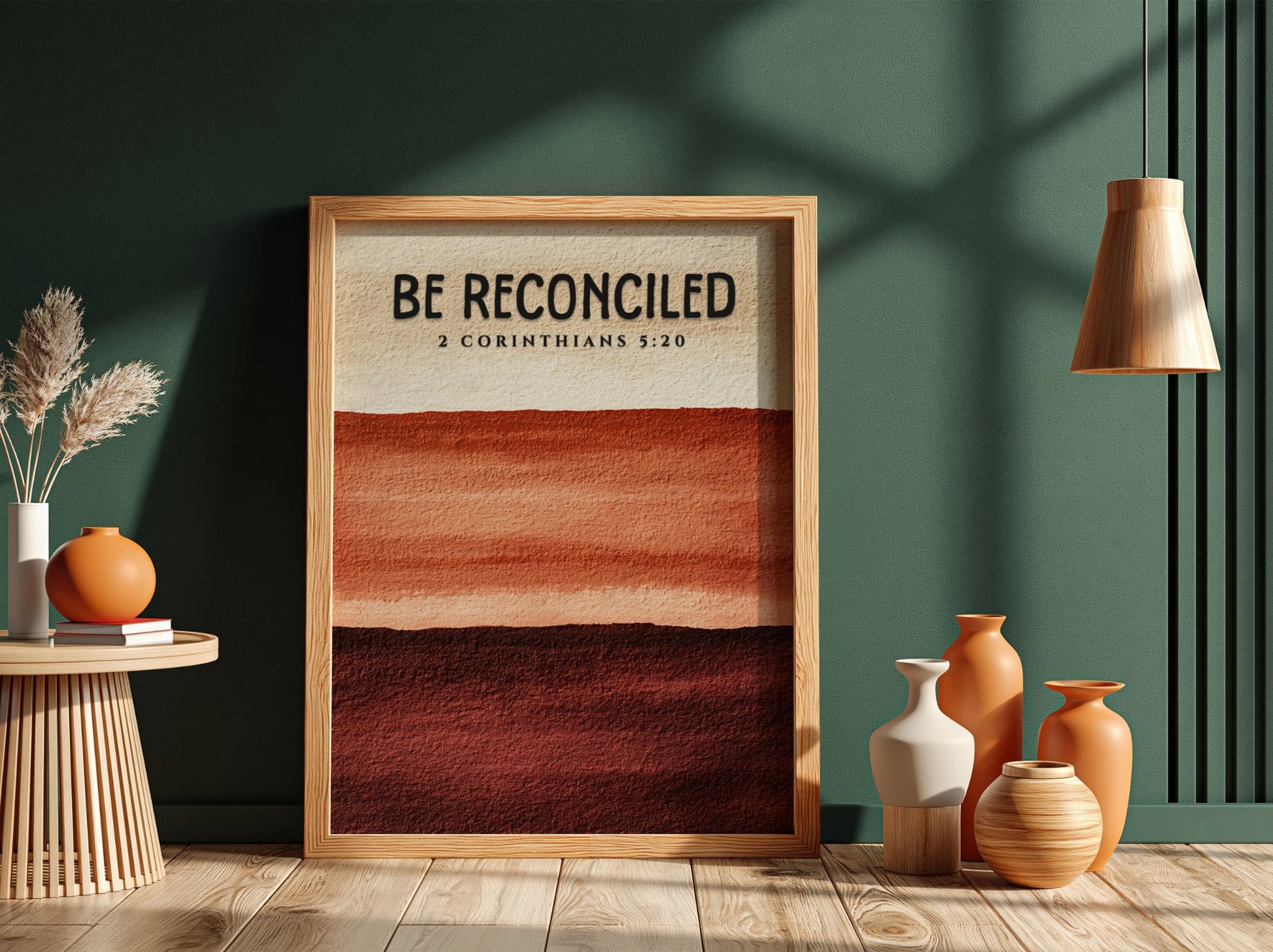 Be Reconciled Poster featuring warm earth tones and minimalist design, inspired by 2 Corinthians 5:20,