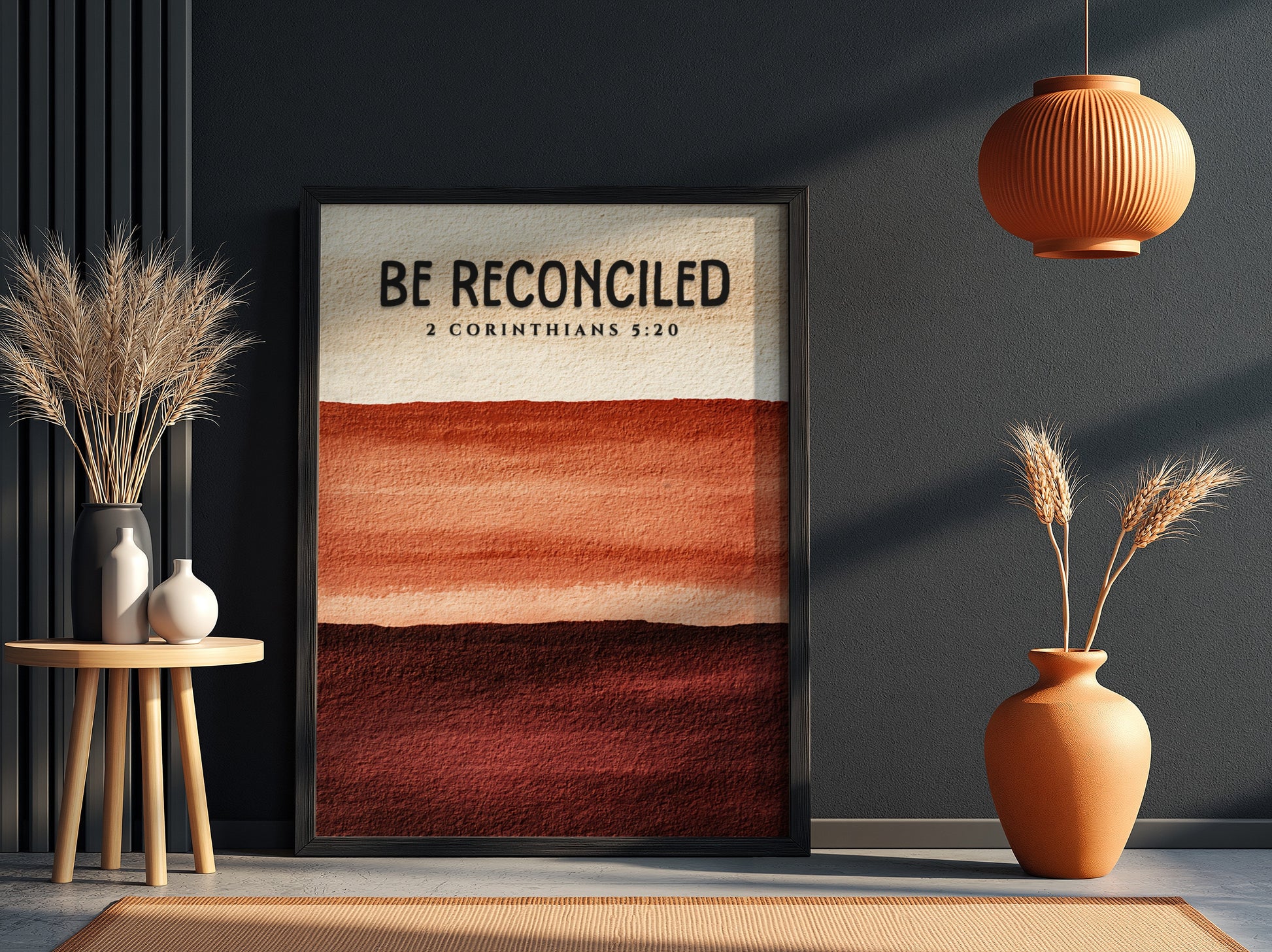 Be Reconciled Poster featuring warm earth tones and minimalist design, inspired by 2 Corinthians 5:20,
