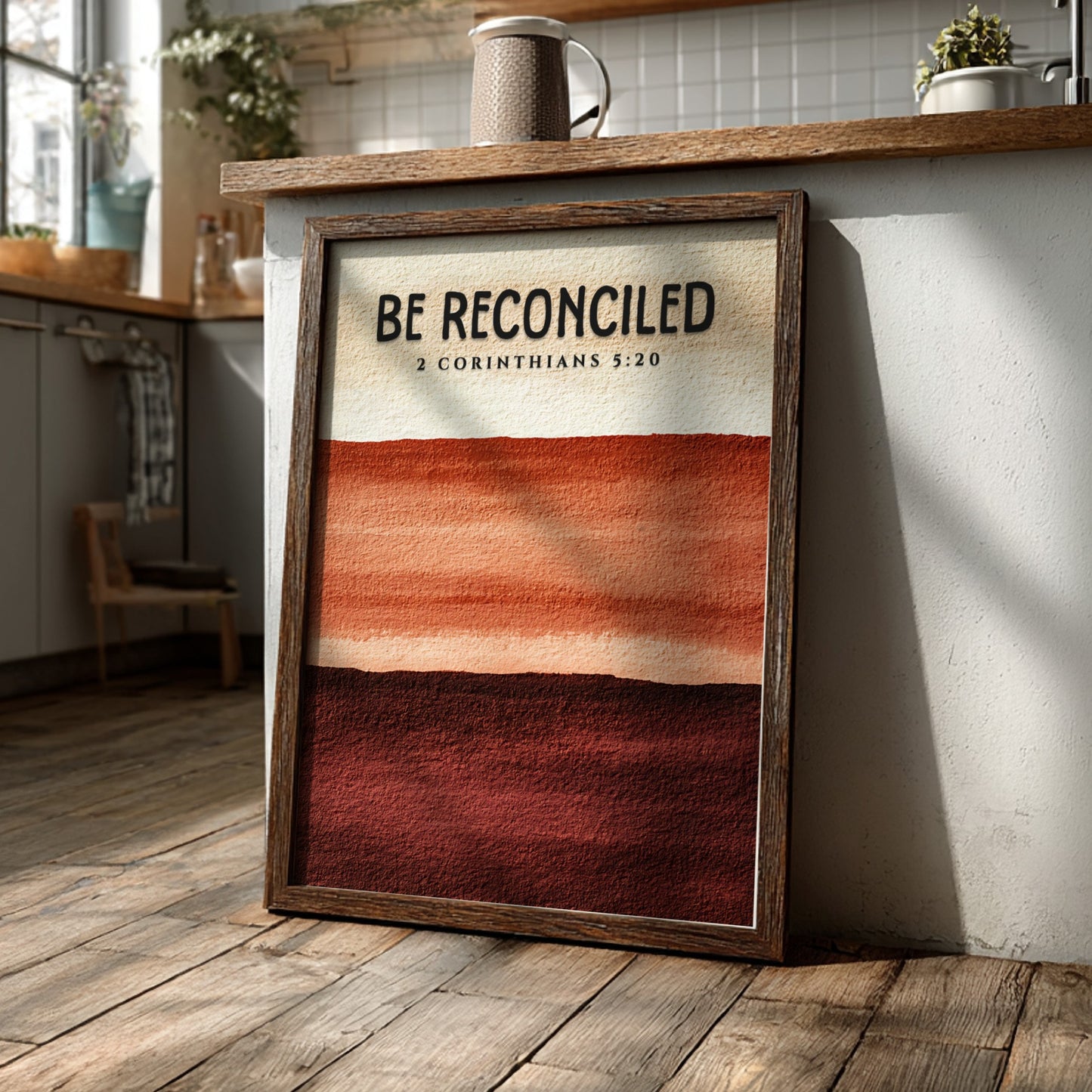 Be Reconciled Poster featuring warm earth tones and minimalist design, inspired by 2 Corinthians 5:20,