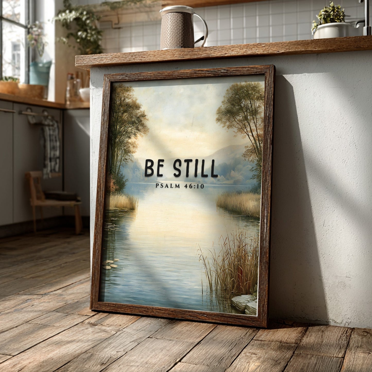 Be Still poster featuring serene landscape and Psalm 46:10, inspirational wall art in soft blue and earthy