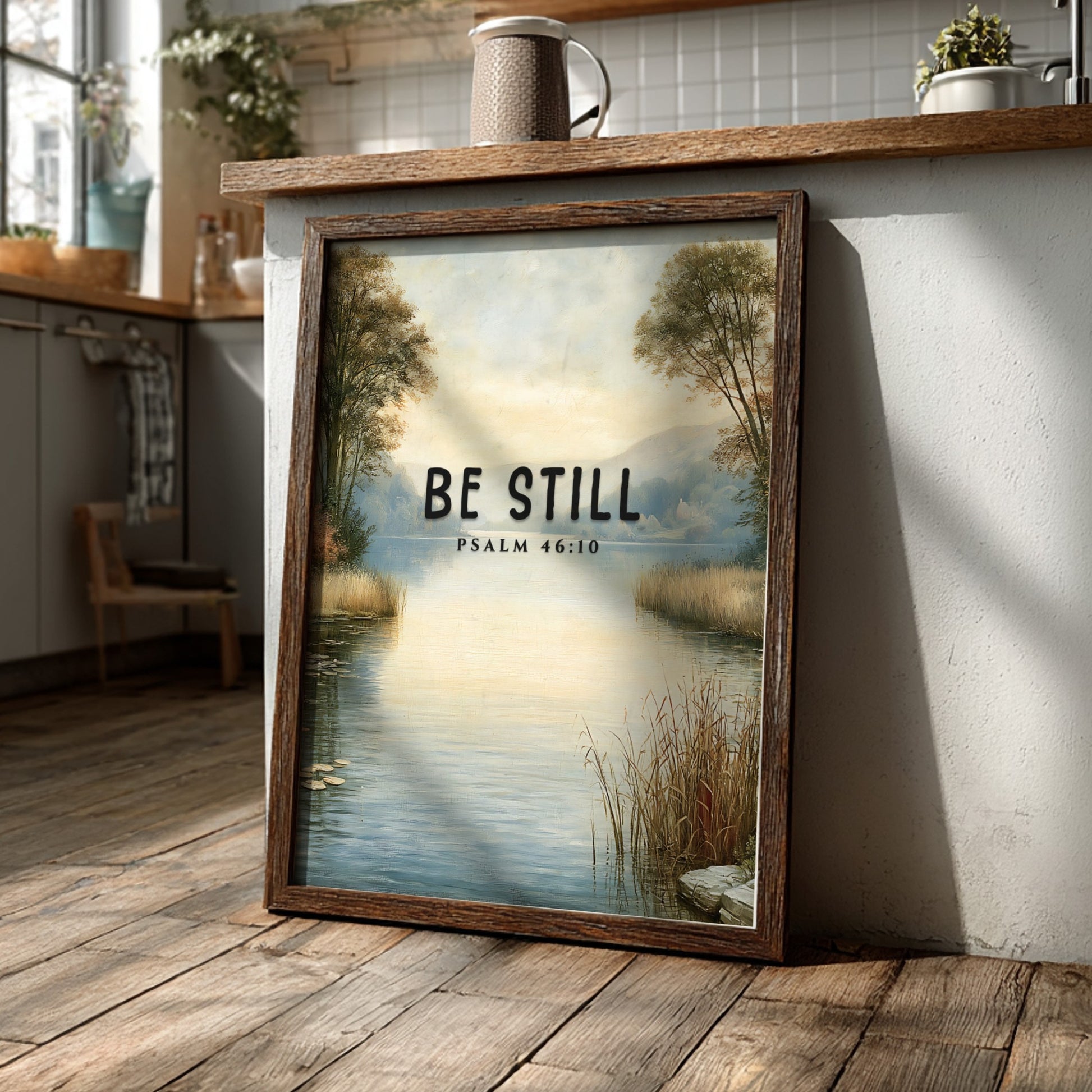 Be Still poster featuring serene landscape and Psalm 46:10, inspirational wall art in soft blue and earthy