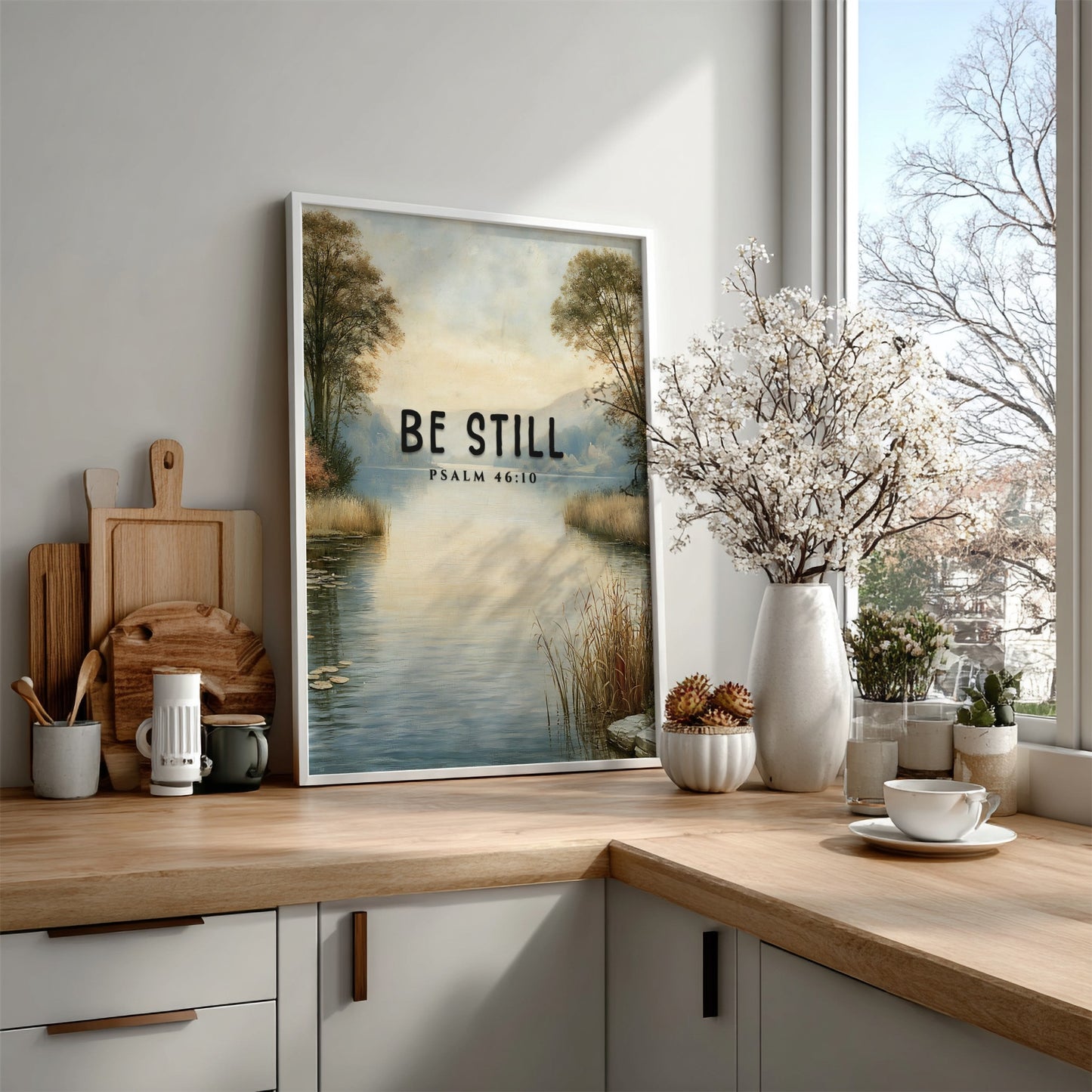 Be Still poster featuring serene landscape and Psalm 46:10, inspirational wall art in soft blue and earthy