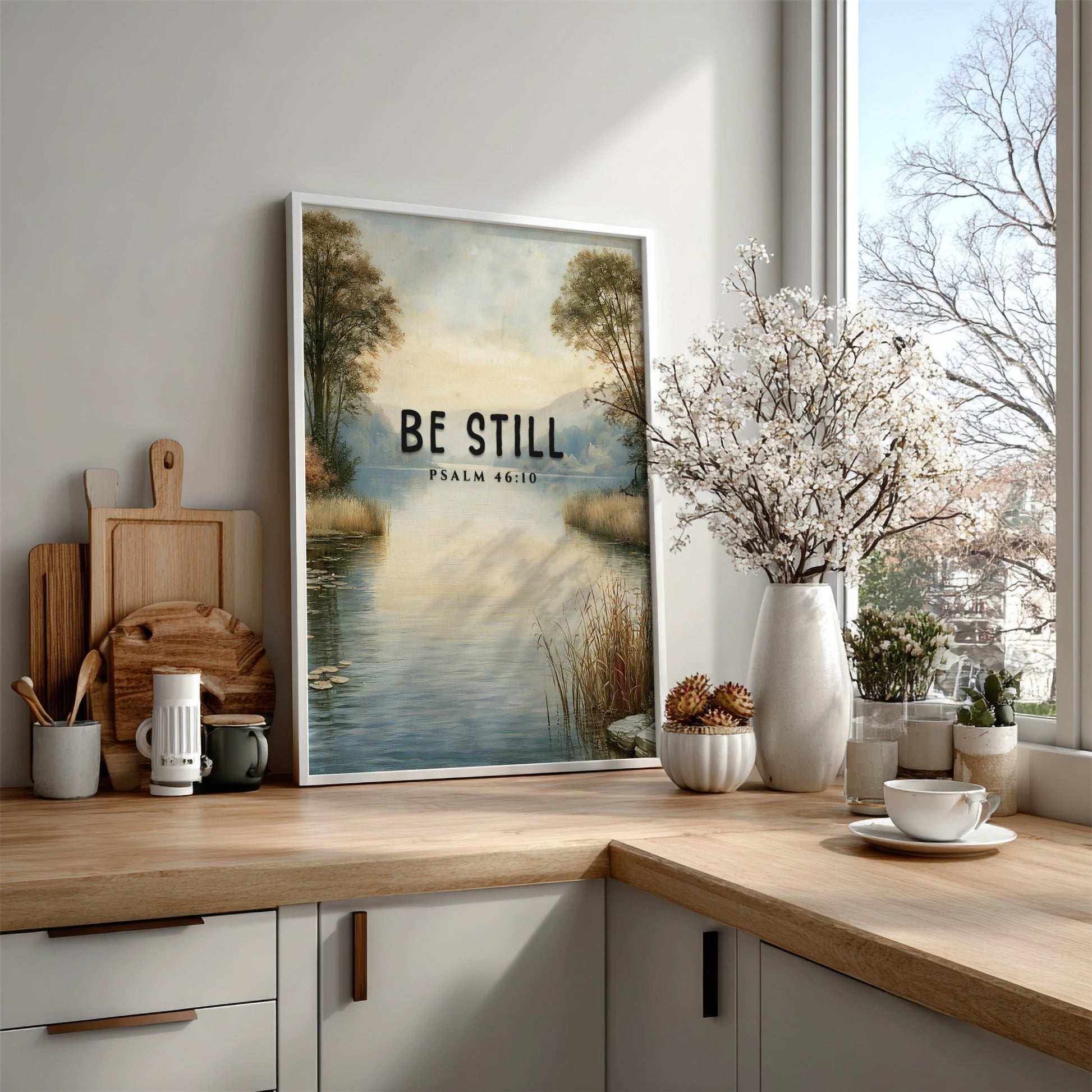 Be Still poster featuring serene landscape and Psalm 46:10, inspirational wall art in soft blue and earthy