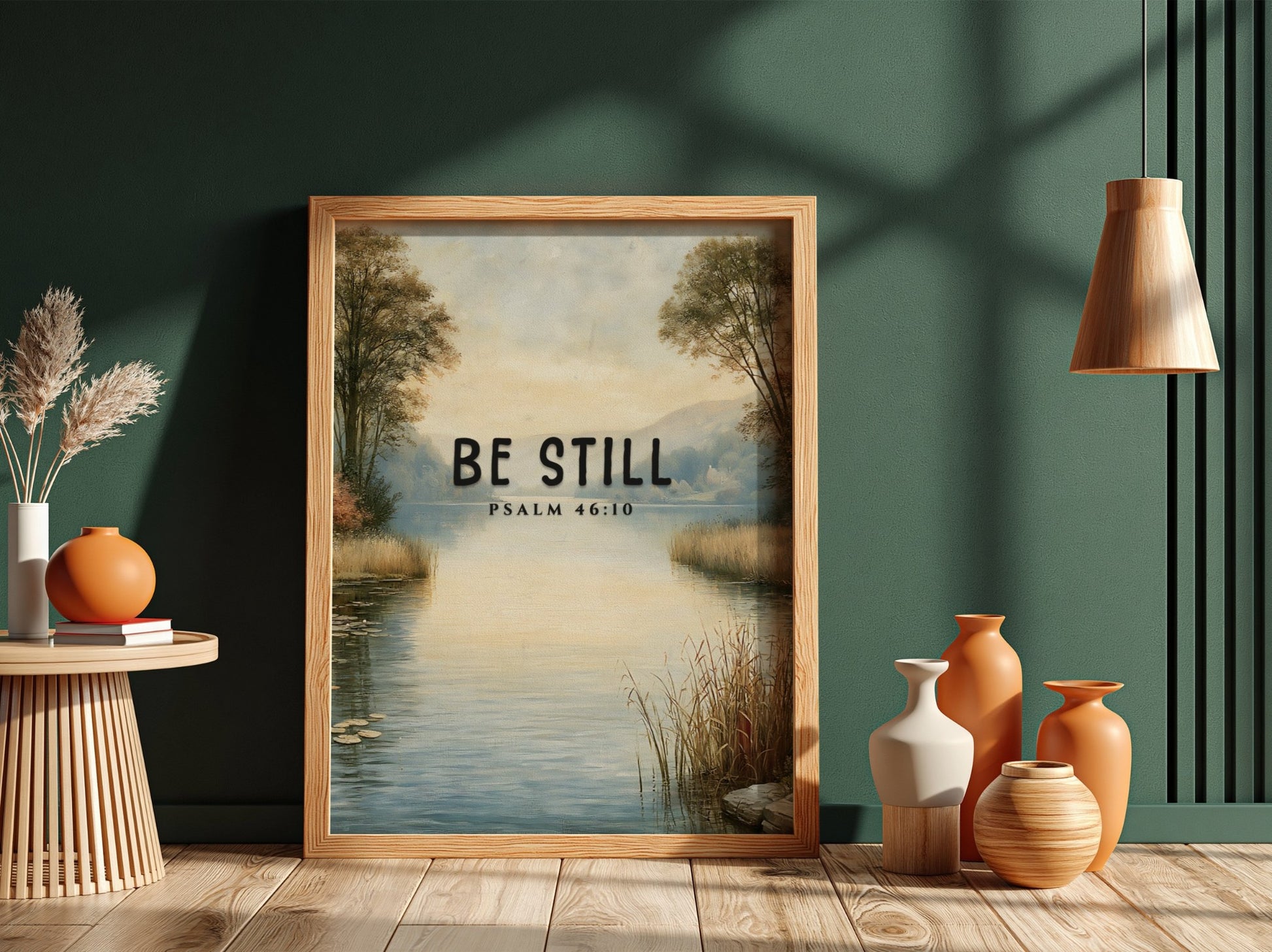 Be Still poster featuring serene landscape and Psalm 46:10, inspirational wall art in soft blue and earthy
