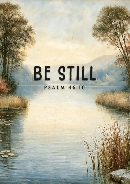 Be Still poster featuring serene landscape and Psalm 46:10, inspirational wall art in soft blue and earthy